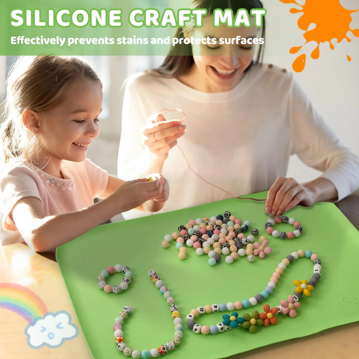 AtMini Silikonmatte Groß 60 x 40 cm，bastelunterlage Kinder für Kunsthandwerk, Sand Art, Malen, Harz, handgefertigter Schmuck, Zeichnen, Mehrzweck-Tischmatte mit erhöhten Kanten zum Sauberhalten(Grün)