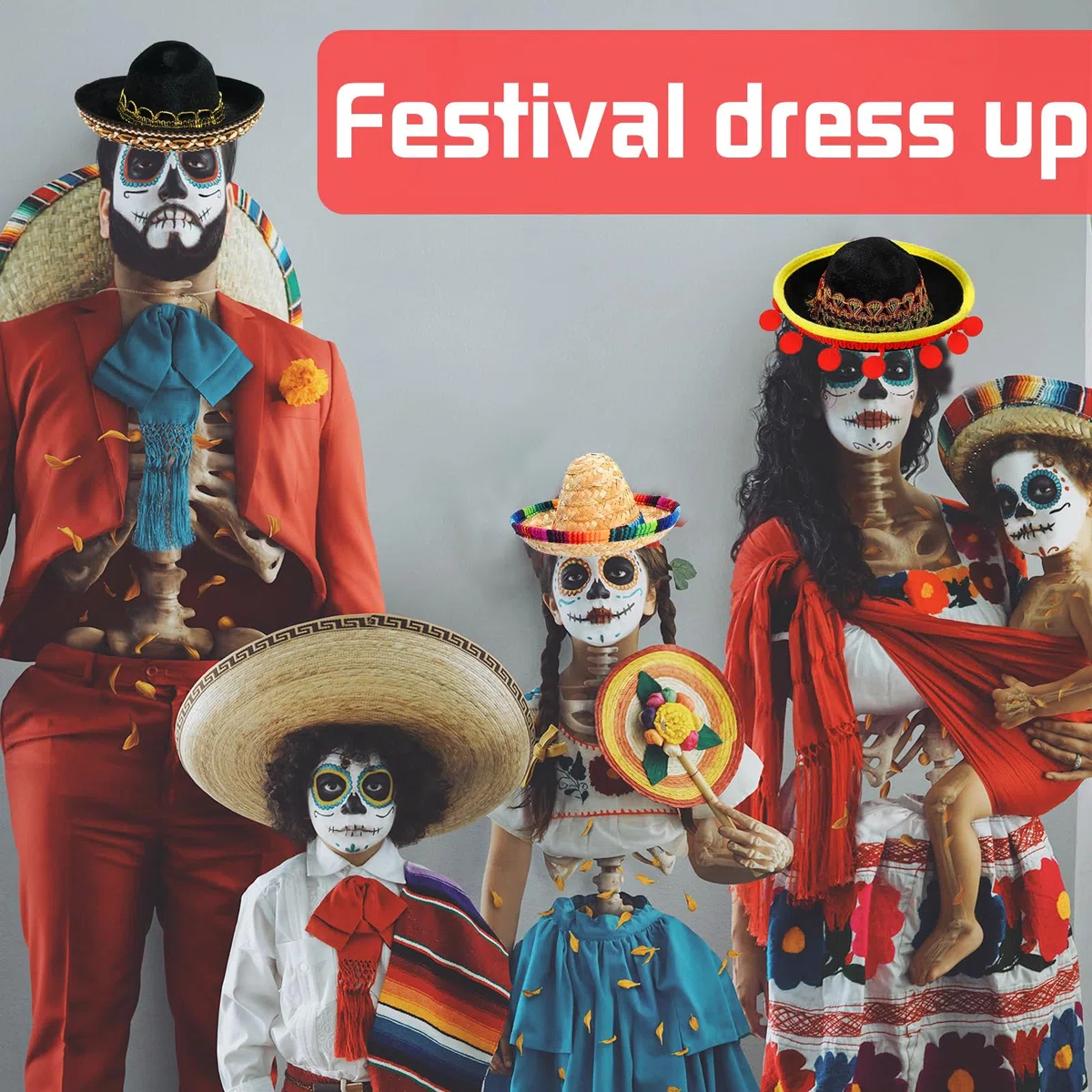 Set von 6 Cinco de Mayo Stroh Sombrero Stirnband Stoff Partyhüte mit Ball Fransen Dekoration für Fiesta Hut Partyzubehör, Perfekt für Fiesta, Dia de Muertos & Mexiko-Themenpartys