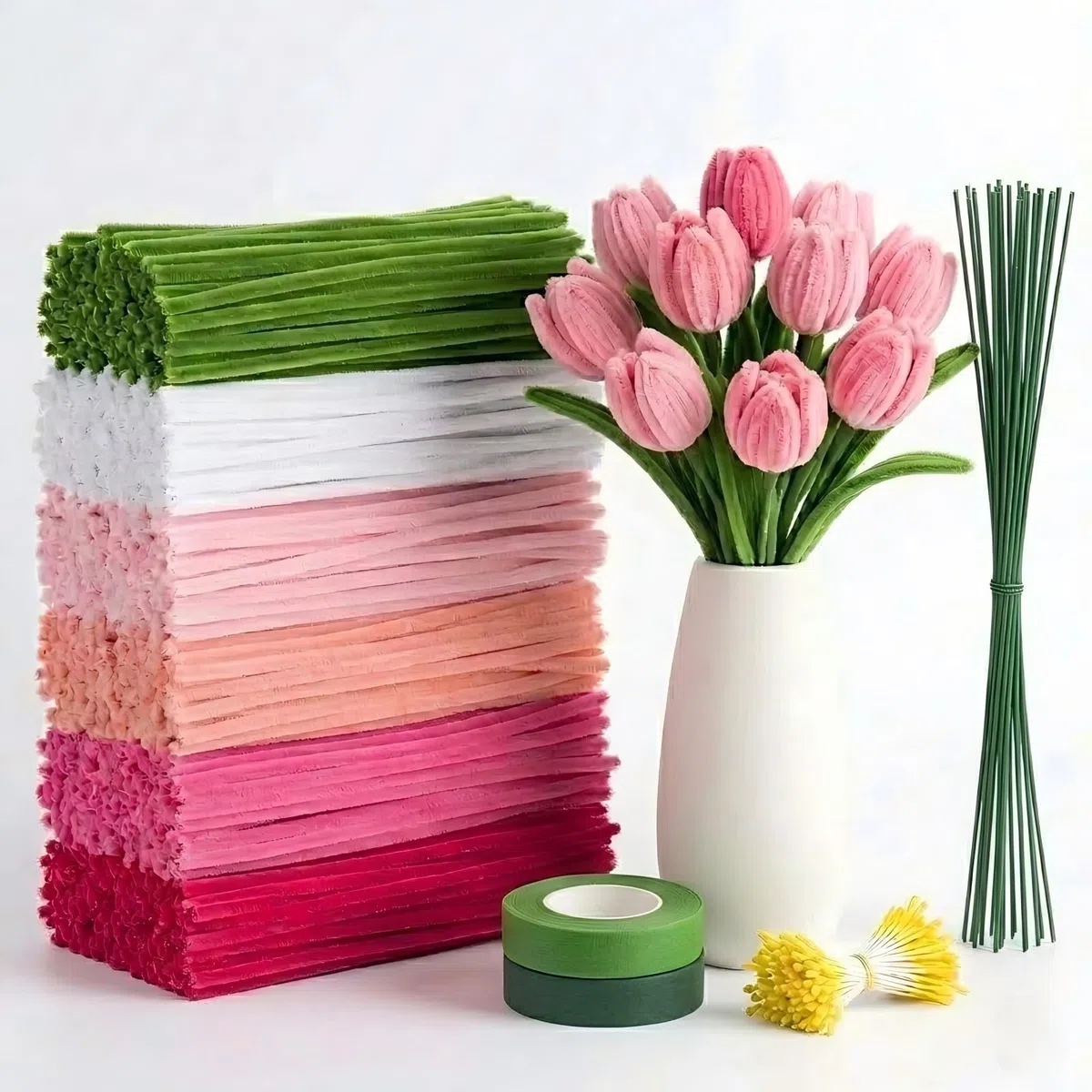 600 Stück Pfeifenreiniger Blumen Set | Pfeifenputzer zum Basteln in 6 Farben mit 30 Blumendraht & Geschenkband für Kreative DIY Blumensträuße (Rosa)