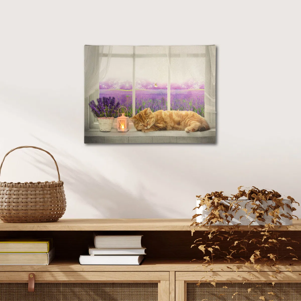 Nexos Trading LED Wandbild Leinwandbild mit Beleuchtung Fotodruck Lavendelfeld 30 x 40 cm 1 LED warm weiß Kunstdruck Leuchtbild Wiese Vintage-Stil Lavendelfeld Katze
