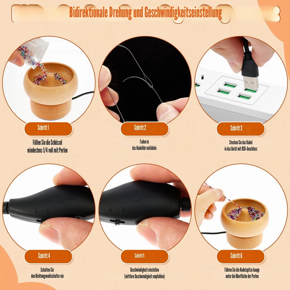 Elektrischer Holzperlen-Spinner, USB-betriebenes Spin-Perlenschüssel-Set, einstellbare Geschwindigkeit und Richtung, Spin-Perlenlader mit 2 Perlennadeln, 2000 Perlen für Armbänder, Schmuckherstellung