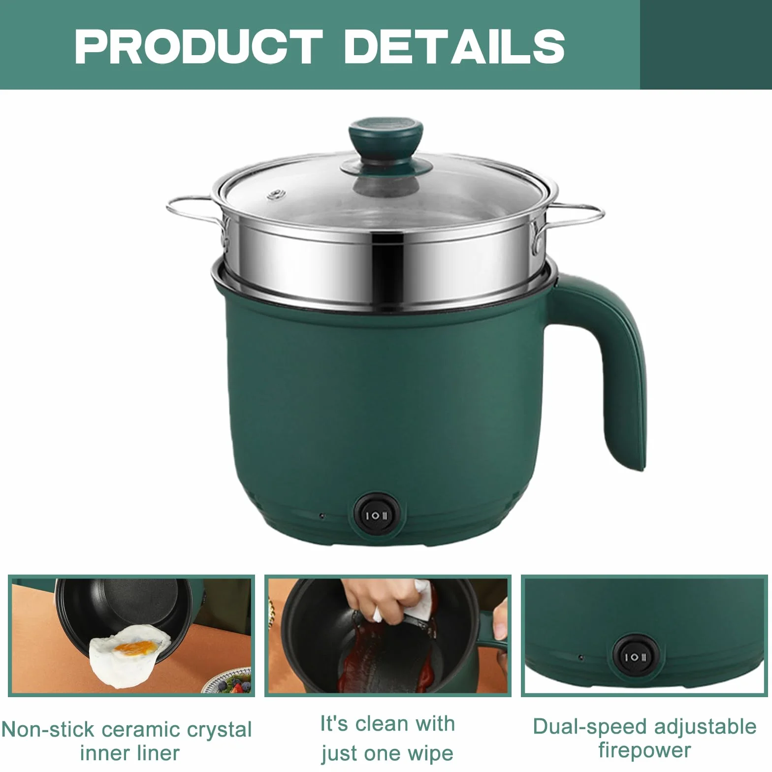Elektrischer Hot Pot 1.5L, Tragbare Mini Antihaft Multikocher mit Dampfgarer, Schneller Ramen Kocher & Elektrische Bratpfanne mit Dual Power Steuerung, Reisekocher für Zuhause Büro Wohnheim