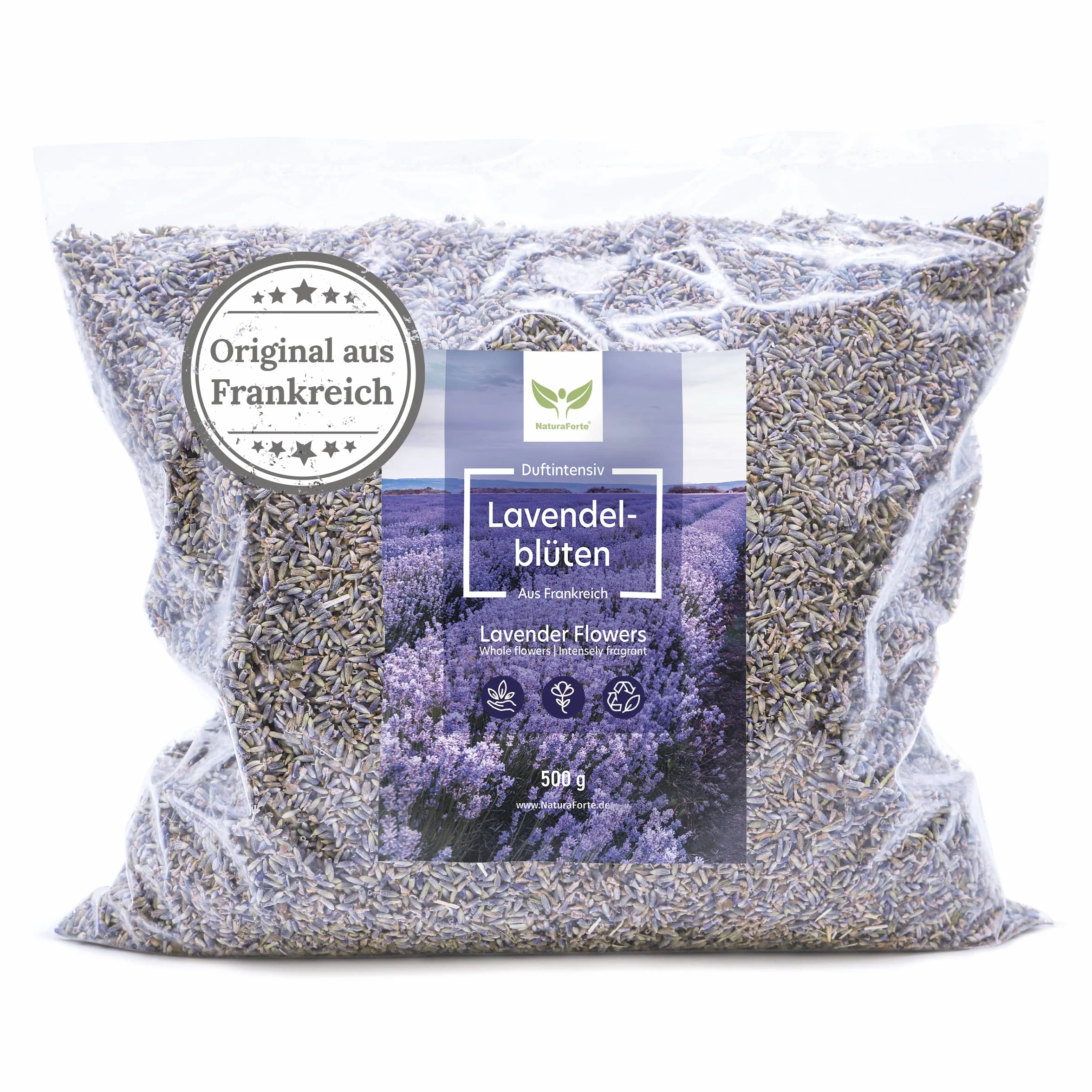 NaturaForte Lavendelblüten 500 g - Duftintensiv & bläulich, Lavendel getrocknet für Duftkissen, Potpourri Duft, Lavendelsäckchen, Seifen, Duftsäckchen
