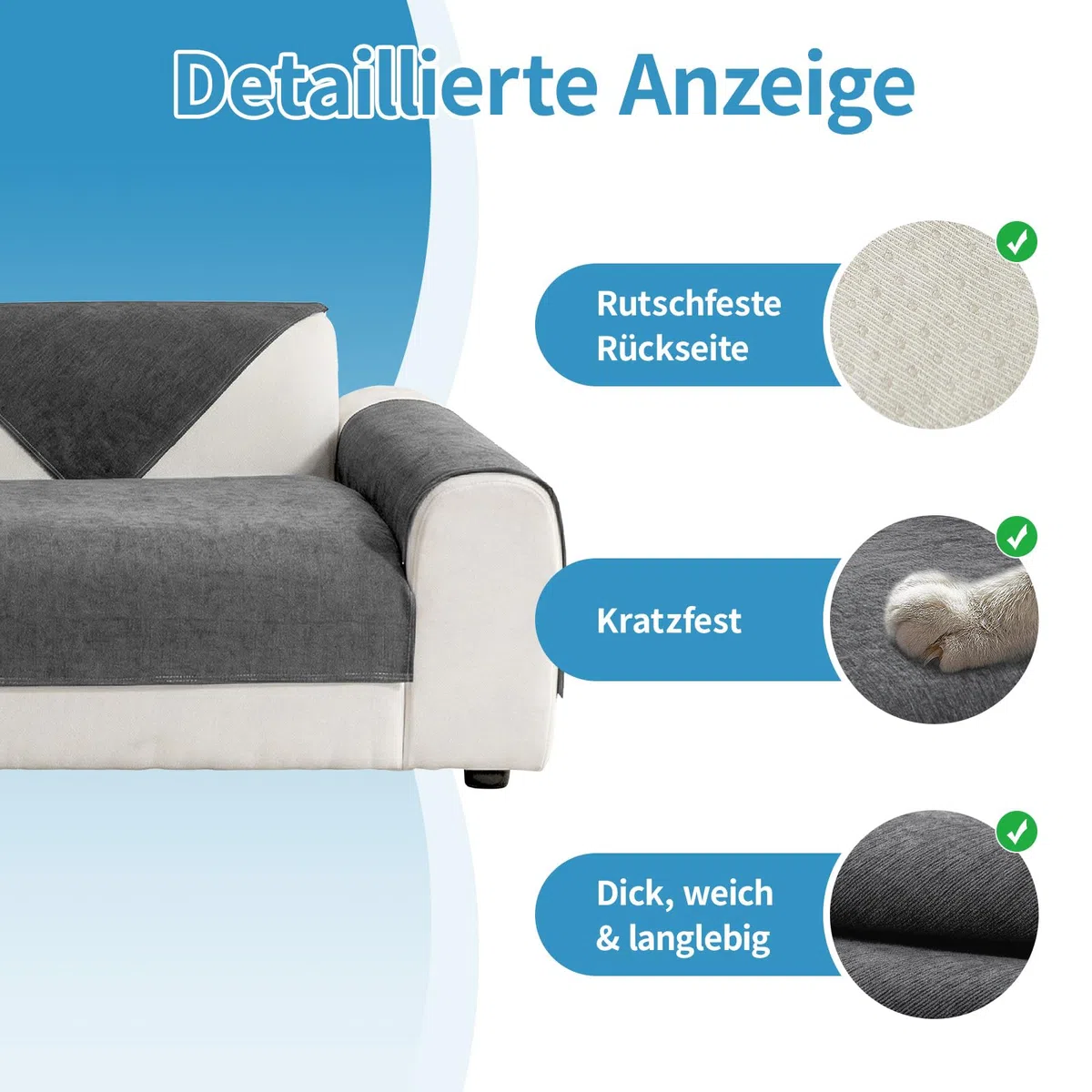 Warmstar Sofa Überzug Wasserdicht Chenille Couch Überzug,Kratzfest Hund Katze Sofabezug,Sofaschoner Rutschfester Sofa Cover 2 3 4 Sitzer für U Form L Form Sektionssofa (Dunkelgrau, 70 * 150cm)