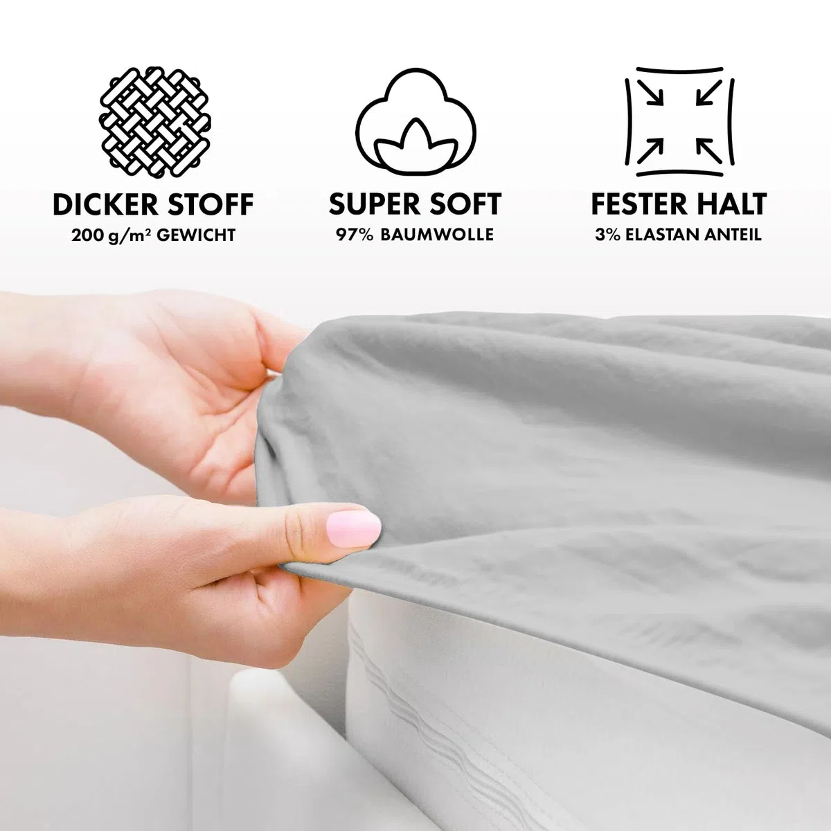 Jacobson Premium Spannbettlaken 200 g/m² Jersey Baumwolle mit Elasthan (180x200-200x200 cm, Grau)