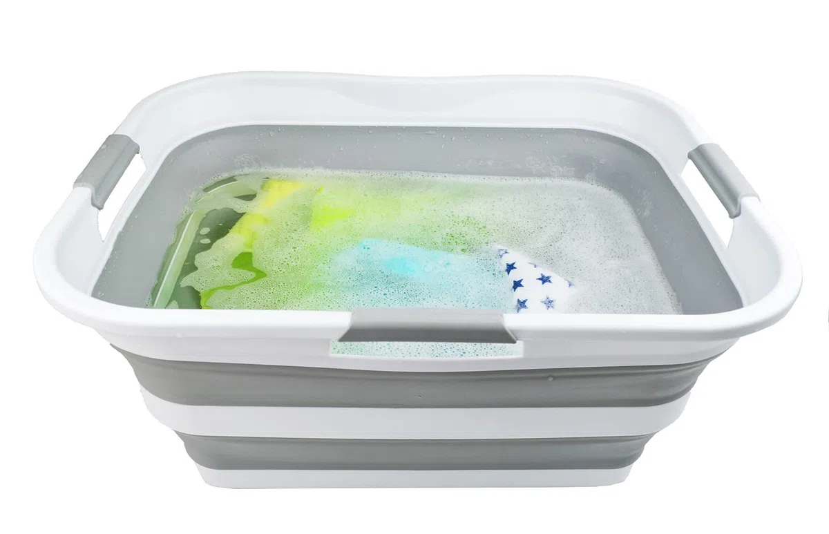 SAMMART 42L zusammenklappbarer Wäschekorb aus Kunststoff – faltbarer Pop-Up-Aufbewahrungsbehälter/Organizer – tragbare Waschwanne – platzsparender Korb/Korb (Weiß/Grau)