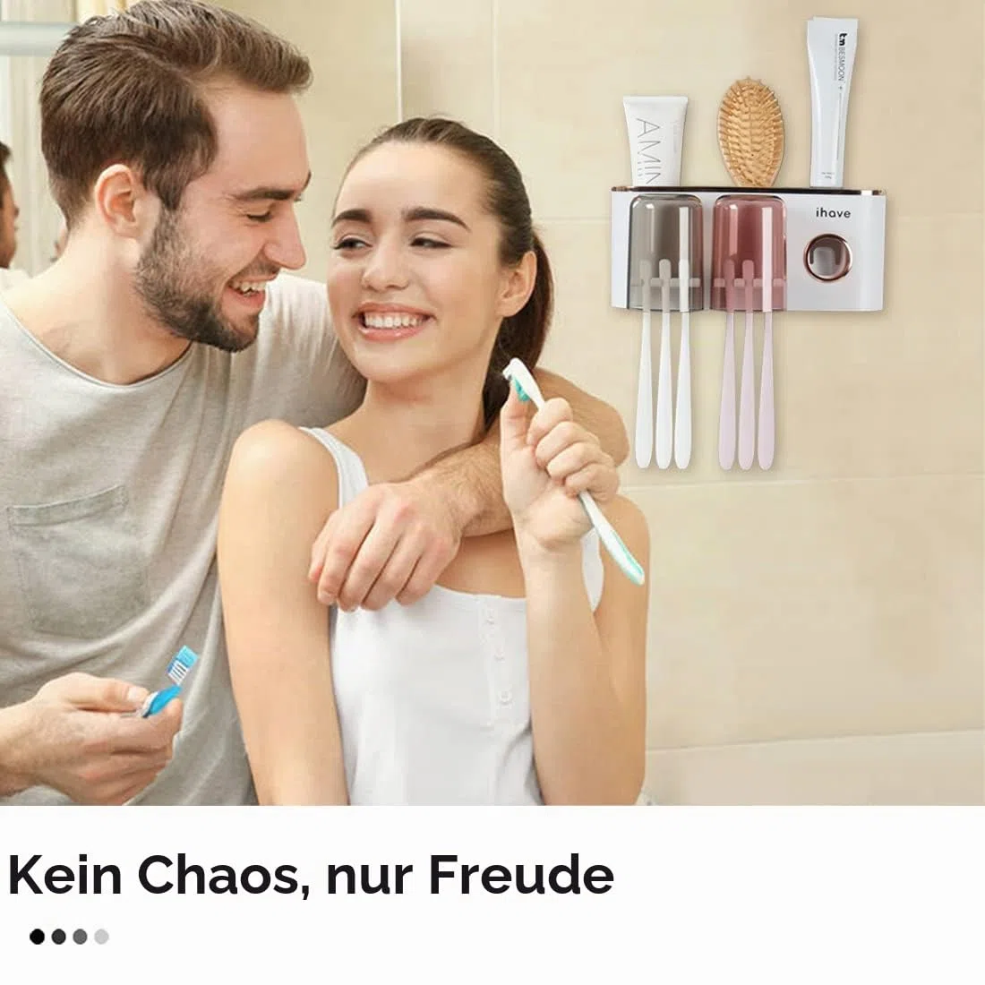 iHave Zahnbürstenhalter Wand mit Zahnpastaspender, Toothbrush Holder mit 2 Zahnputzbechern, elektrische Zahnbürste Halter ohne bohren, Multi Badezimmer Organizer & Aufbewahrung für Familie (Weiß Gold)