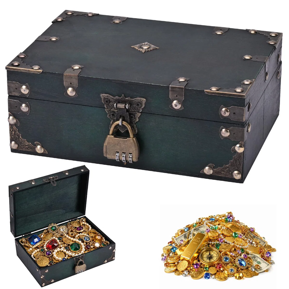 24x17x10cm Vintage Schatztruhe Box Holz Schatzkiste mit Schloss Schatzbox für Kinder Piratentruhe Kindergeburtstag Piratenkiste Piraten Holztruhe Holzkiste für Schatzsuche Schmuckkästchen Holzkästchen