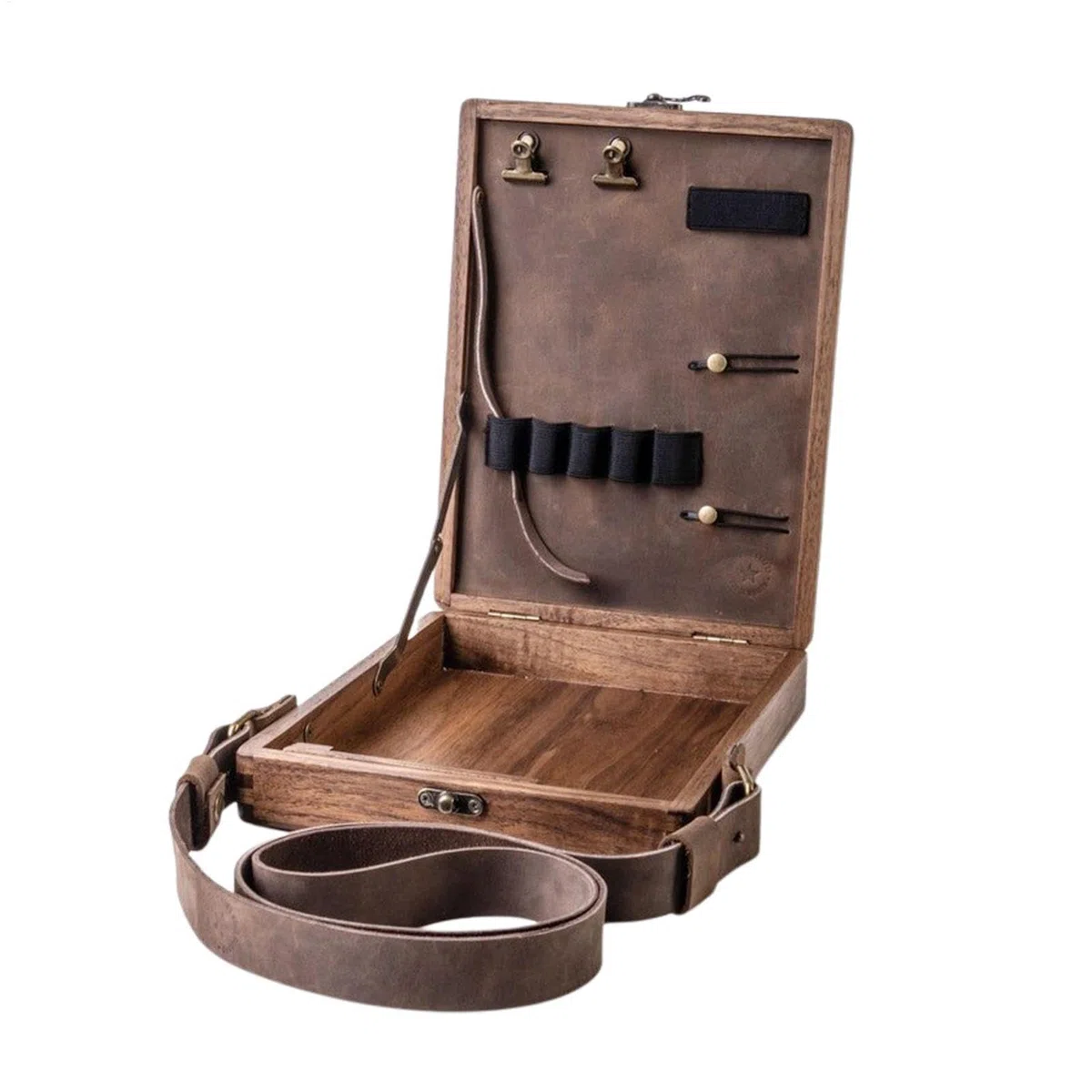 Writers Messenger Holztasche – Kunsttasche, Pochade-Box, Künstlerwerkzeug und Pinsel-Aufbewahrungsbox | Walnussholztasche mit Klappdeckel, Umhängetasche, Taschen-Organizer für Skizzierer, Schriftstell