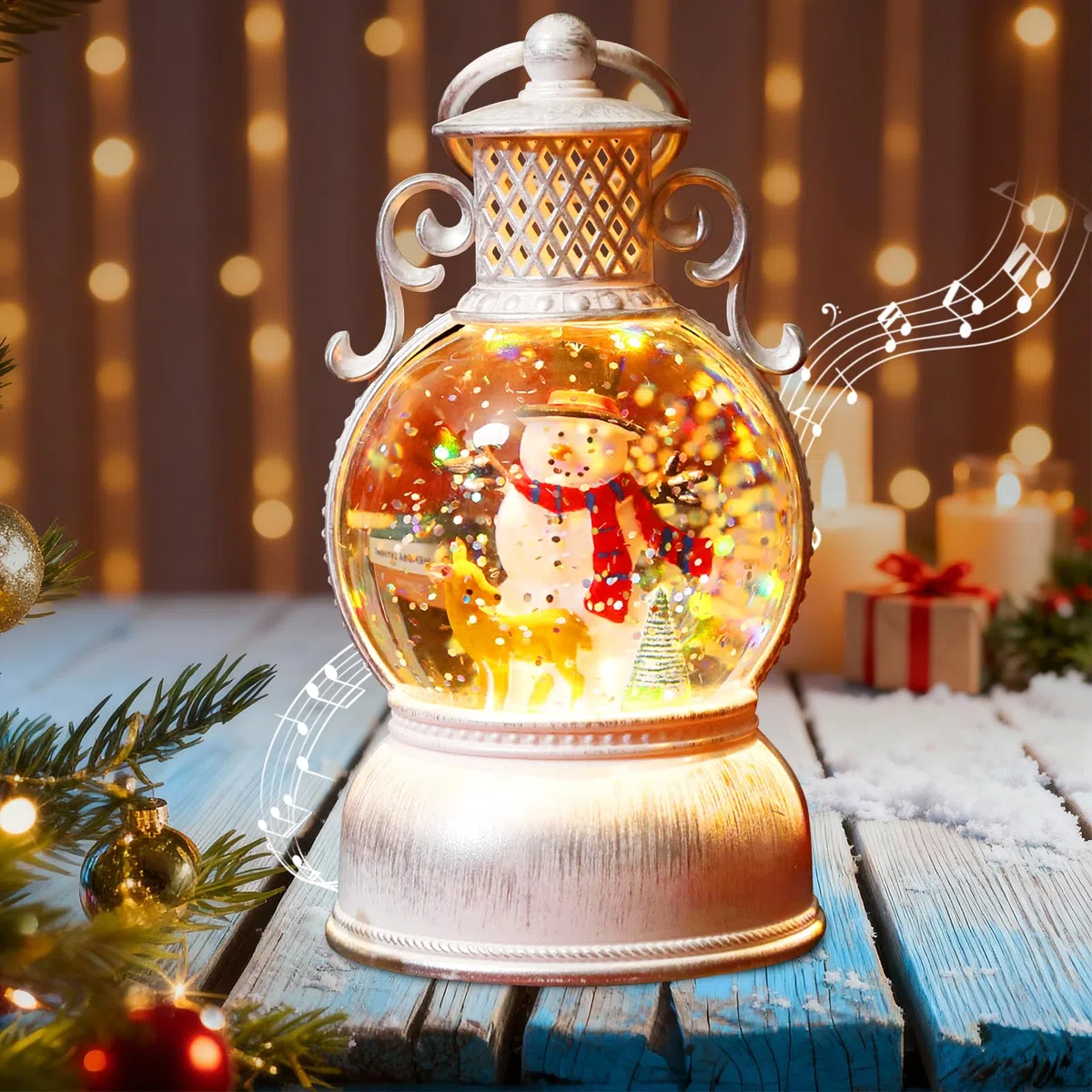 Giugio Weihnachten Deko, LED Schneekugel mit Musik und Licht, Kugellaterne aus Glas mit Schneegestöber, Warmweißes LED-Licht, Geschenk für Weihnachtsfeier, Heimdekoration (A)