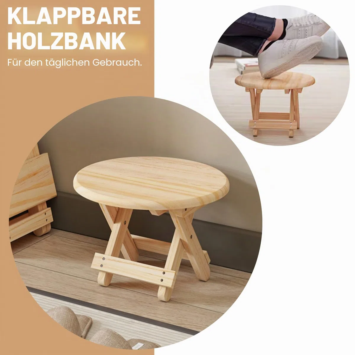 MAGIC SELECT Mini Klapphocker aus Holz. Reisesitz, Runder Kinderhocker, Tragbarer Fußhocker für Zuhause, Badezimmer, Küche, Garten, Büro, Reisen. Unterstützt 90 kg.