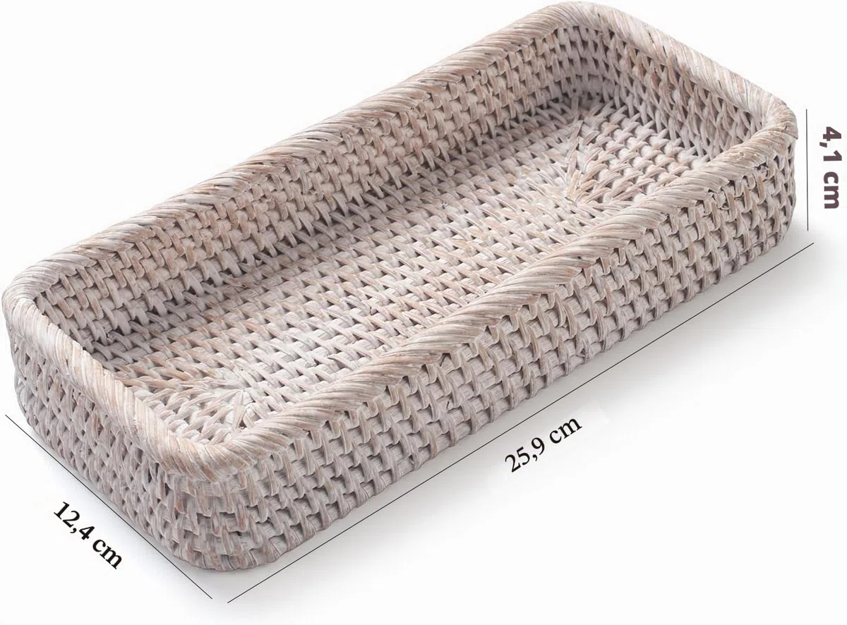 Rattan Badezimmer Tablett, Toilettentank Korb, Gewebter Badezimmer Aufbewahrungskorb zum Organisieren und Dekoration (Weißwäsche, 26 x 12.5 x 4 cm)