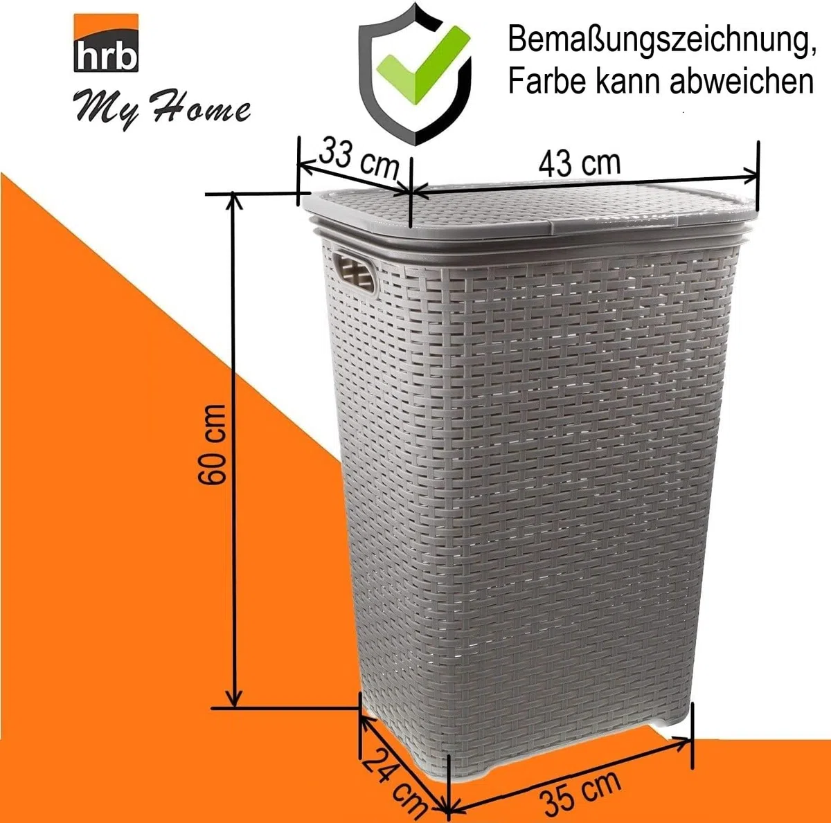 HRB Wäschekorb mit Deckel Rattan, Wäscheaufbewahrung aus Kunststoff, Wäsche Sortierer (65 L - Eckig, Anthrazit)