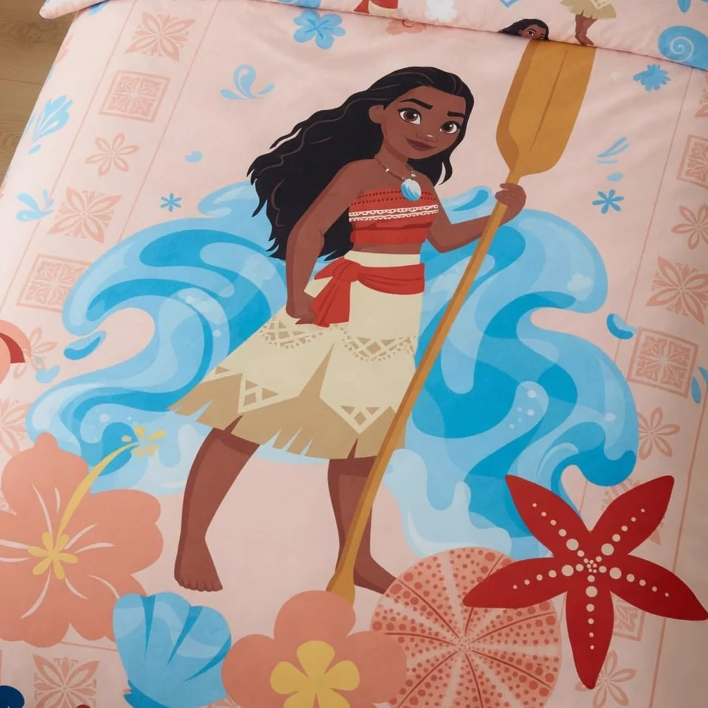 Vaiana Kinderbettwäsche 140x200 + Kissenbezug 65x65 100% Baumwolle Knöpfe | Wendebettwäsche Einzelbett | Naturbaumwolle atmungsaktiv Oeko-Tex | Disney | Mädchen | Knopfverschluss | Maschinenwaschbar