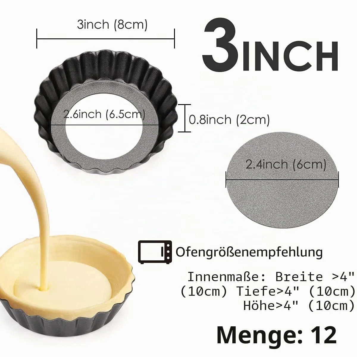 12 Stück Tarteform mit Hebeboden, Törtchenform 8 cm / 3 Zoll, Antihaftbeschichtung Mini Quicheform, Tartelette Förmchen für das Backen zu Hause, Backwerkzeug