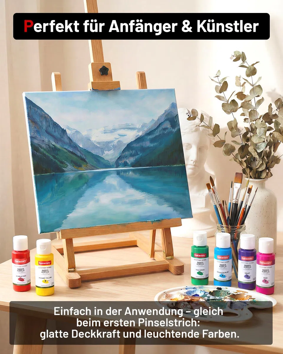 Fantastory Acrylfarben Set, 24 x 60 ml mit 16-teiligem Zubehör, hohe Deckkraft & wasserfest, Acrylic Paint Set für Leinwand, Holz, Steine & Basteln