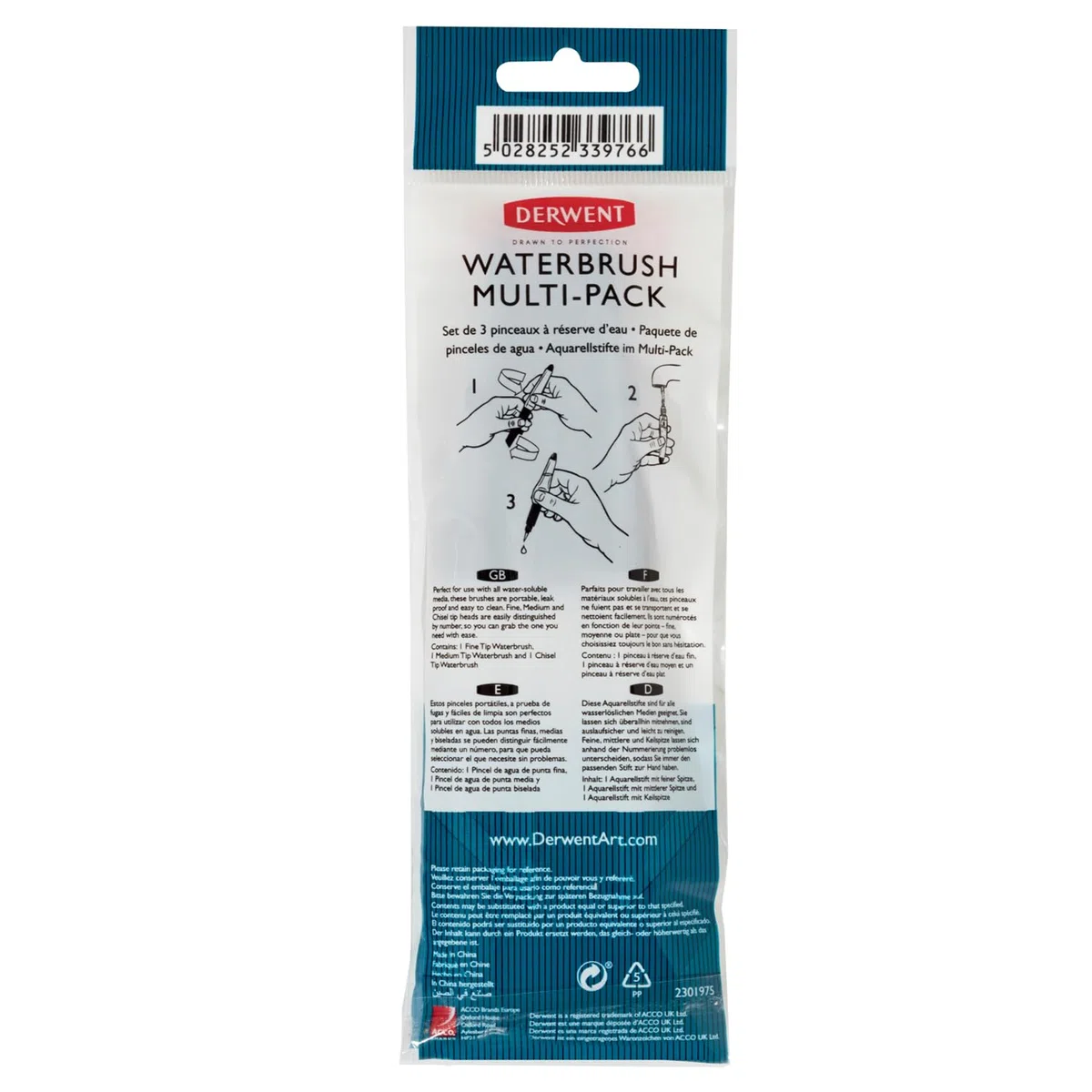 Derwent Wassertankpinsel für Aquarellmalerei, 3er-Pack, Enthält Meißelspitze, Feine Spitze & Mittlere Spitze, Professionelle Qualität, 2301975