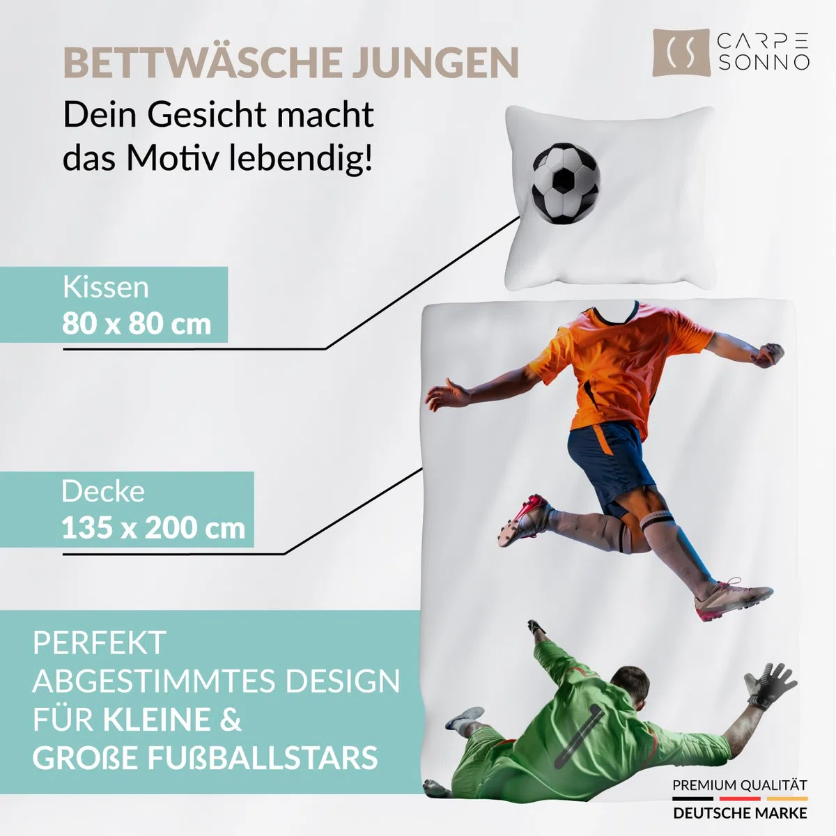 Carpe Sonno Kinder Bettwäsche 135x200 Kinder mit Kissenbezug [100% Renforce Baumwolle] Fußball Motiv | Oeko-Tex 100 & Made in Green | Kinderbettwäsche Jungen | Fussball Bettwäsche Jungen 135x200