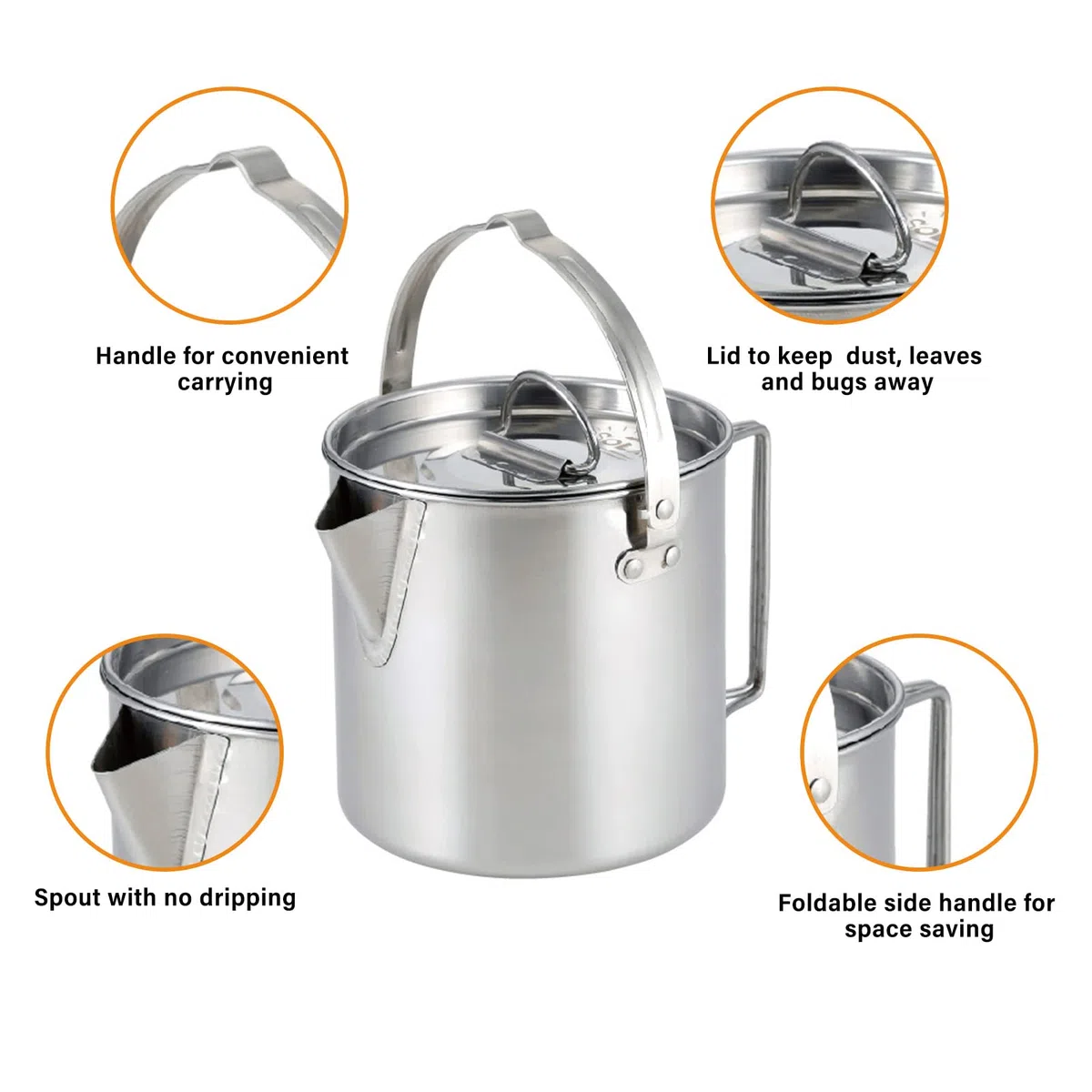 Lixada Edelstahl Kochen Teekessel Kaffeekanne mit Deckel und Griff für Camping Wandern Angeln
