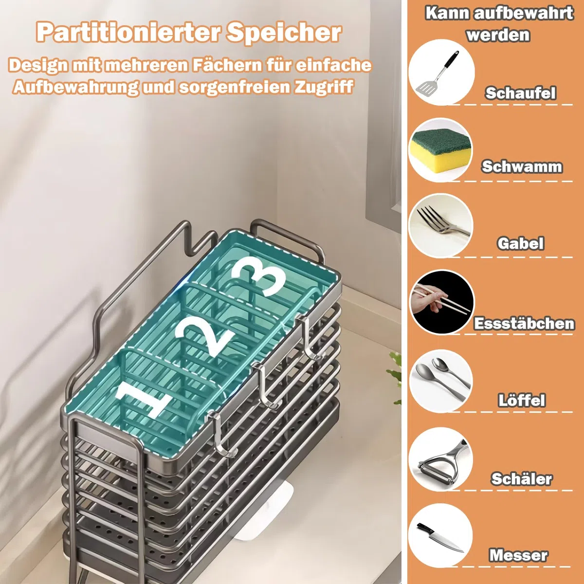 Besteckhalter, Küchenutensilienhalter Besteckkorb, Wandmontiert Traceless Sticker Kohlenstoffstahl Besteck Abtropfbehälter Behälter für Besteck und Küchenhelfer (Schwarz)