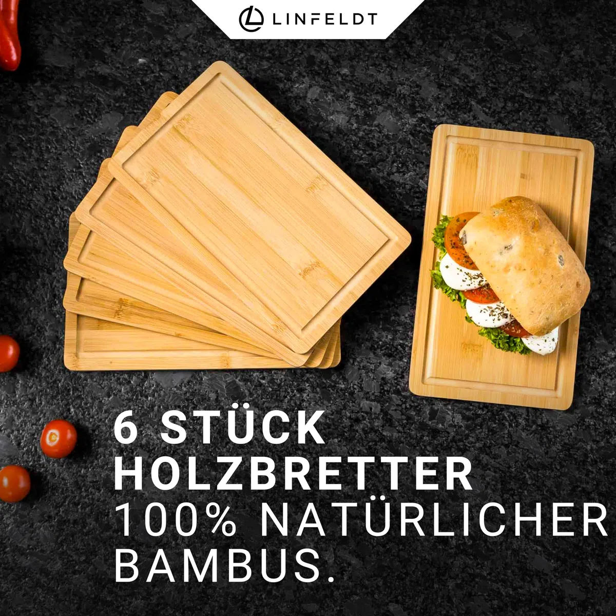 LINFELDT 6er Set Bambus Frühstücksbrettchen Holz 27x16x1cm - Inkl. Saftrille - 6 Holzbretter + eine glatte Seite - Kleine Holzbrettchen - 6 Essbretter aus Bambus