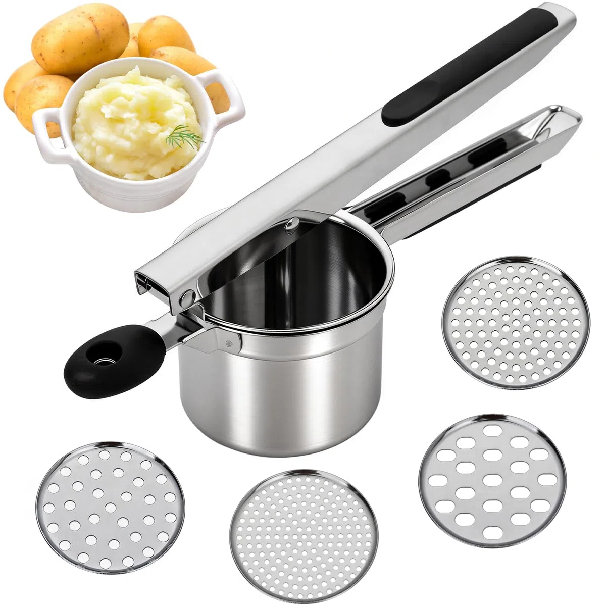 Edelstahl Kartoffelpresse mit 4 auswechselbaren Sieben | Spätzlepresse für Kartoffelbrei, Gemüse | Spaghettieis-Quetsche, Spätzlehobel
