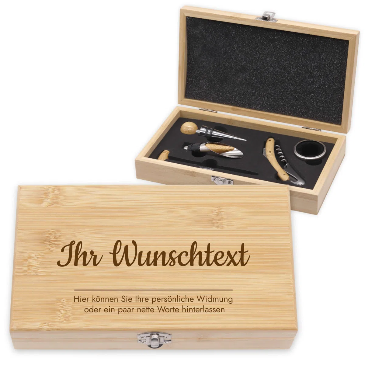 LAUBLUST Weinöffner Set Personalisiert - 5er Weinzubehörset als Sommelier Set | Wunschtext - Wein Zubehör mit Geschenkbox aus Holz | Personalisierte Geschenke für Männer mit Korkenzieher & Thermometer