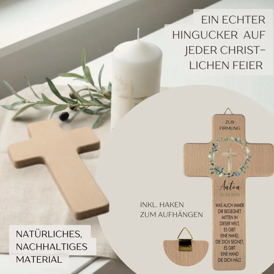 minimutz Personalisiertes Holzkreuz zur Firmung, Firmgeschenk Wandkreuz mit Namen, Datum & Segensspruch, Geschenk Patenkind Enkel (Firmung Kreuz)