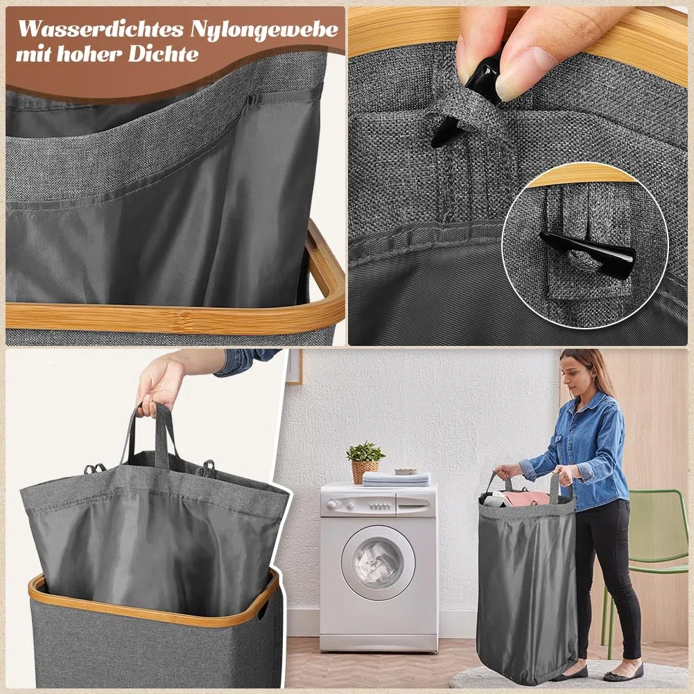OUSFOT Wäschekorb mit Deckel 105L Wäschesammler faltbar aus 600D Oxford-Gewebe mit Abnehmbarem Wäschesack Bambus-Wäschebox Wäschesortierer Wäschetonne Laundry baskets Grau