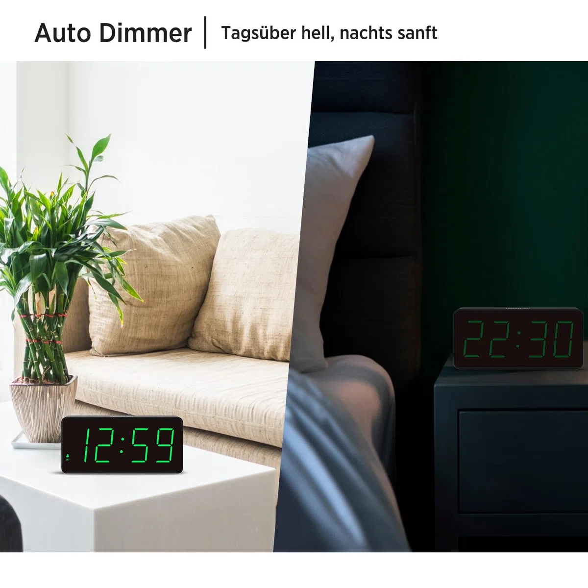 Eachui Wecker digital Batteriebetrieben mit großen Zahlen, Digitaler Wecker mit LED Display, regelbarer Helligkeit und Lautstärke, Automatischer Dimmer,Snooze, 12/24 Std (Grüne Ziffern)