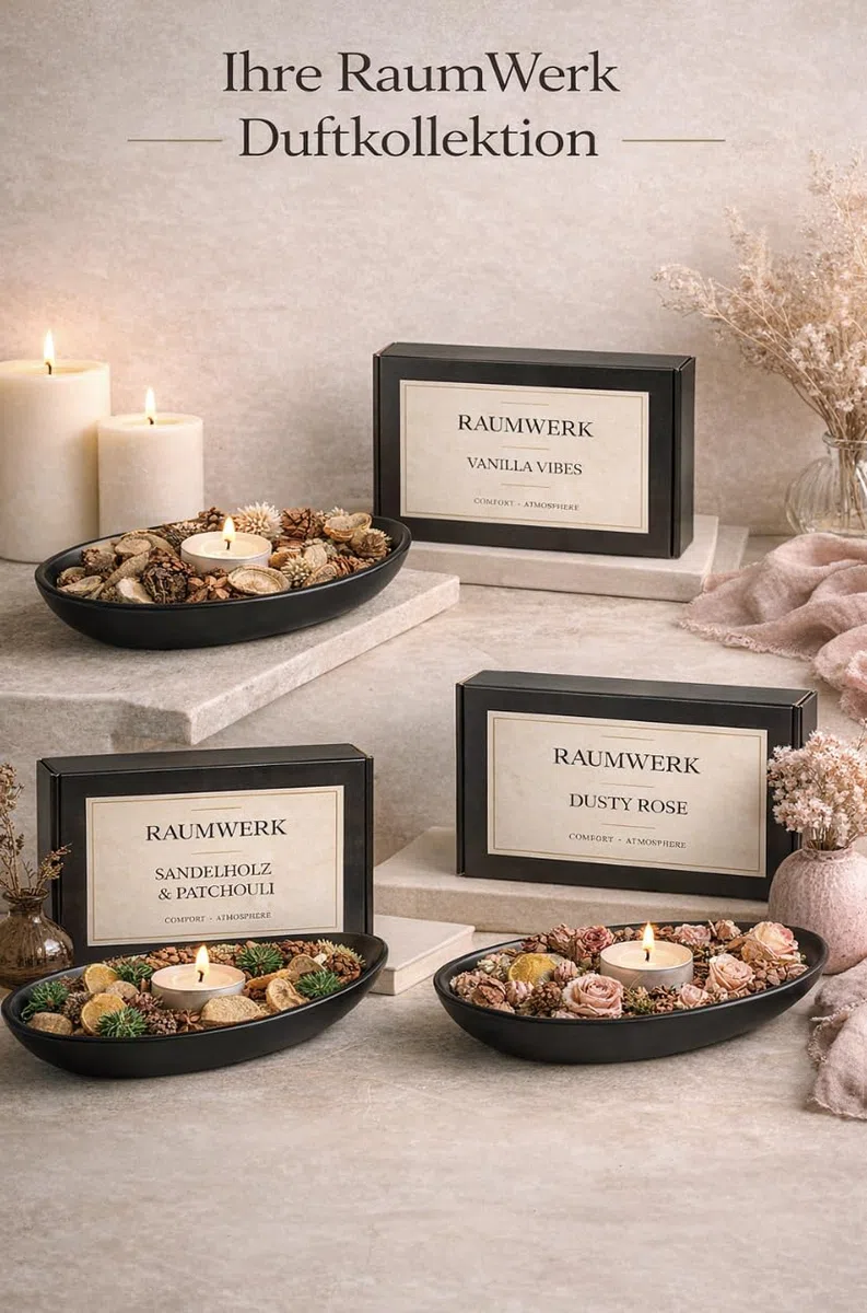 RaumWerk Duft Potpourri Set Vanille mit Schale & 3 Teelichtern – 60g Natürliches Potpourri Duftset – Ovale Dekoschale Schwarz – Raumduft für Wohnzimmer, Badezimmer & Schlafzimmer – Geschenkidee