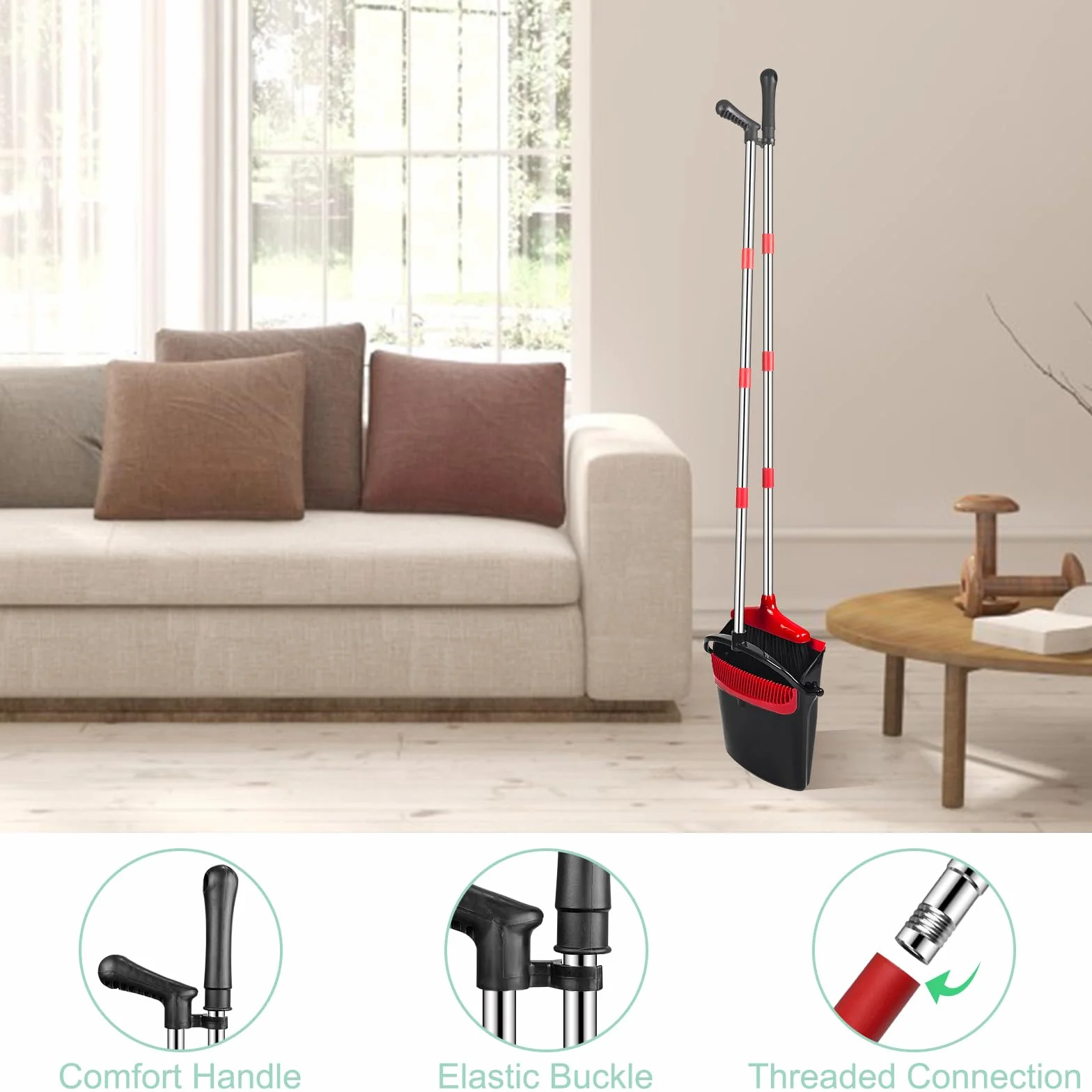 Besen und Kehrschaufel Set, Kehrgarnitur Mit Kamm, Aufrechter Kehrmaschine und Kehrschaufel Combo, Kehrset Classic, Klappbarer Kehrschaufel, für Vorzelt, Haus, Büro, Lobby, Terrasse