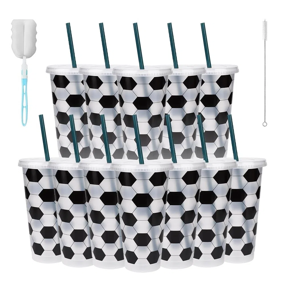 12er Set Fußball Becher 710ml/24oz mit Coperchio E Cannuccia, Bicchieri Da Calcio In Plastica, Wiederverwendbare Plastik Fussball Becher Tasse für Partys, Fans, Teamdekoration,BPA-frei