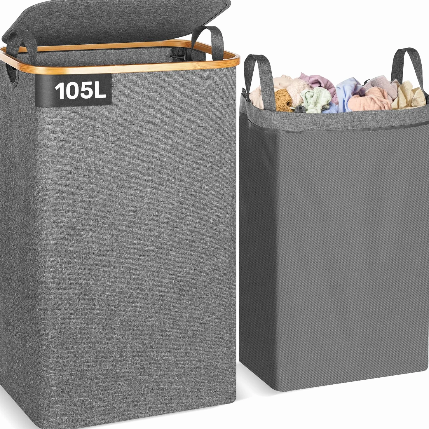 OUSFOT Wäschekorb mit Deckel 105L Wäschesammler faltbar aus 600D Oxford-Gewebe mit Abnehmbarem Wäschesack Bambus-Wäschebox Wäschesortierer Wäschetonne Laundry baskets Grau