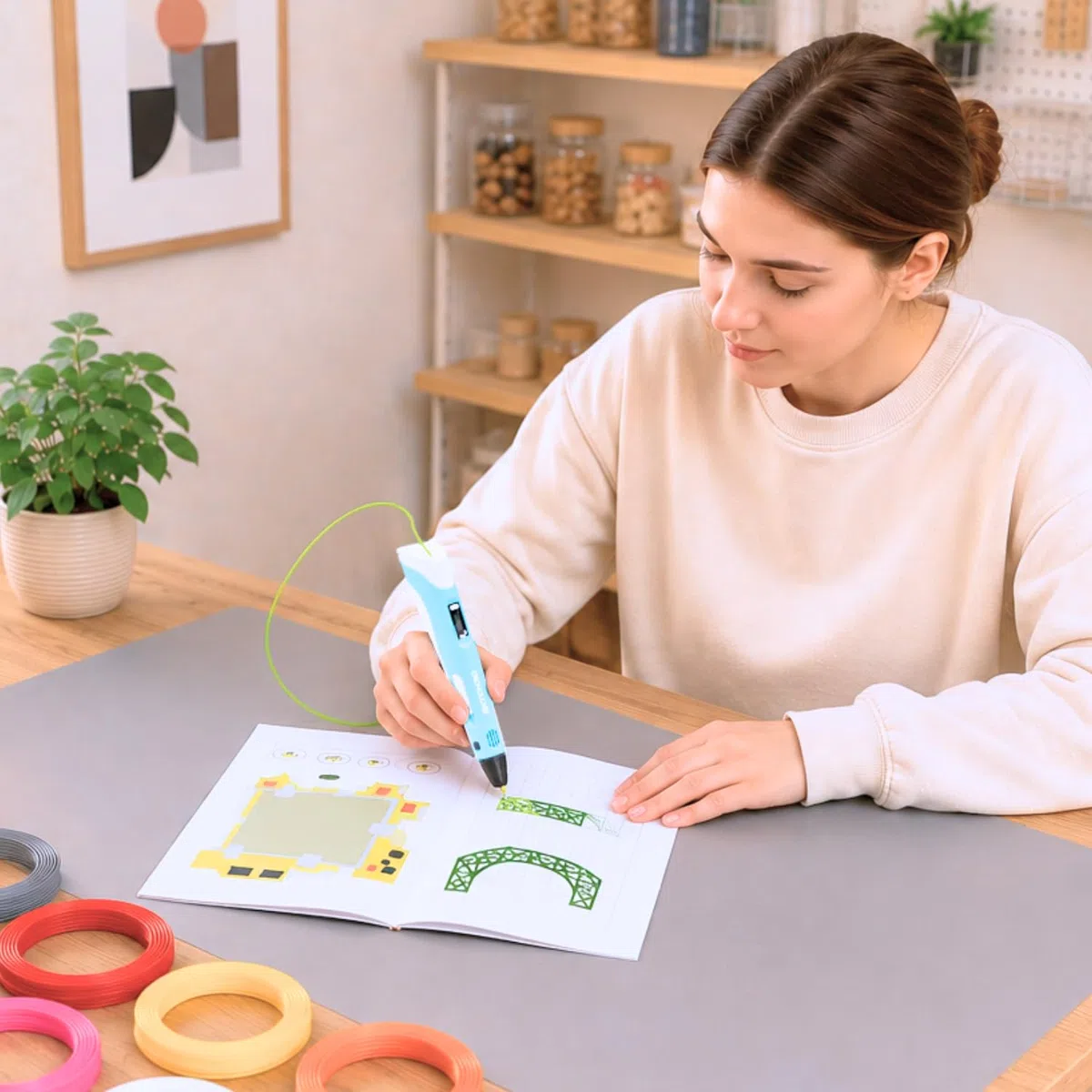3D Stift mit 50m PLA Filament – Professioneller 3D Pen Starterset mit 10 Farben, USB Adapter, Vorlagenbuch & Anleitung – 3D Druckstift für Kreative, DIY & Zeichnen in 3D (Blau)