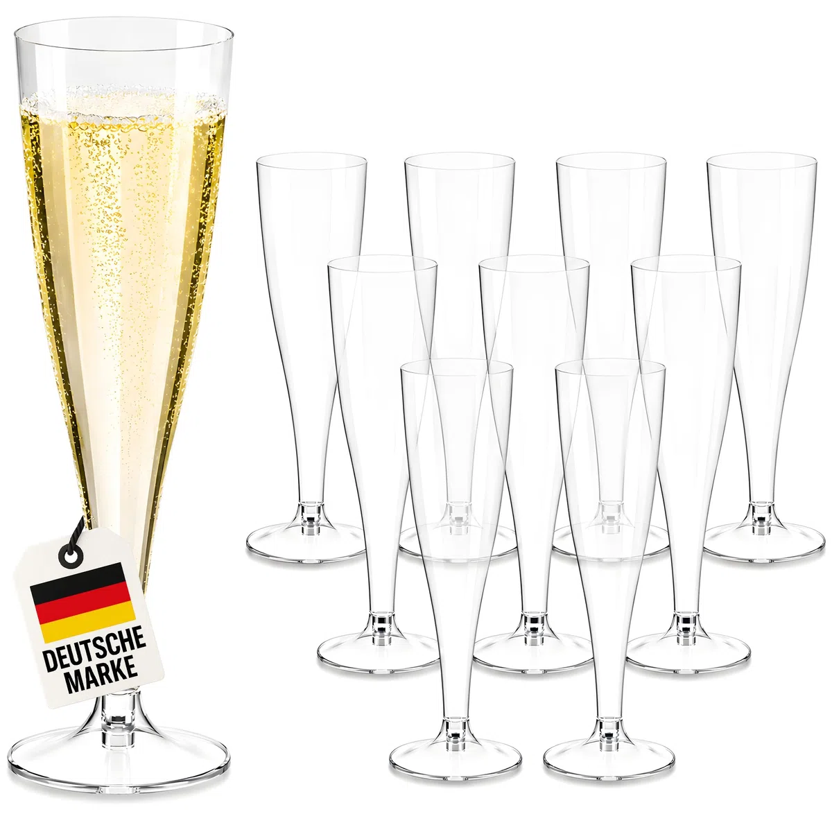 WELLGRO Sektgläser Set aus Kunststoff 100ml mit Eichstrich Sektkelch glasklar BPA-frei Mehrweg Wiederverwendbar Champagner Prosecco, Stückzahl:30 Stück