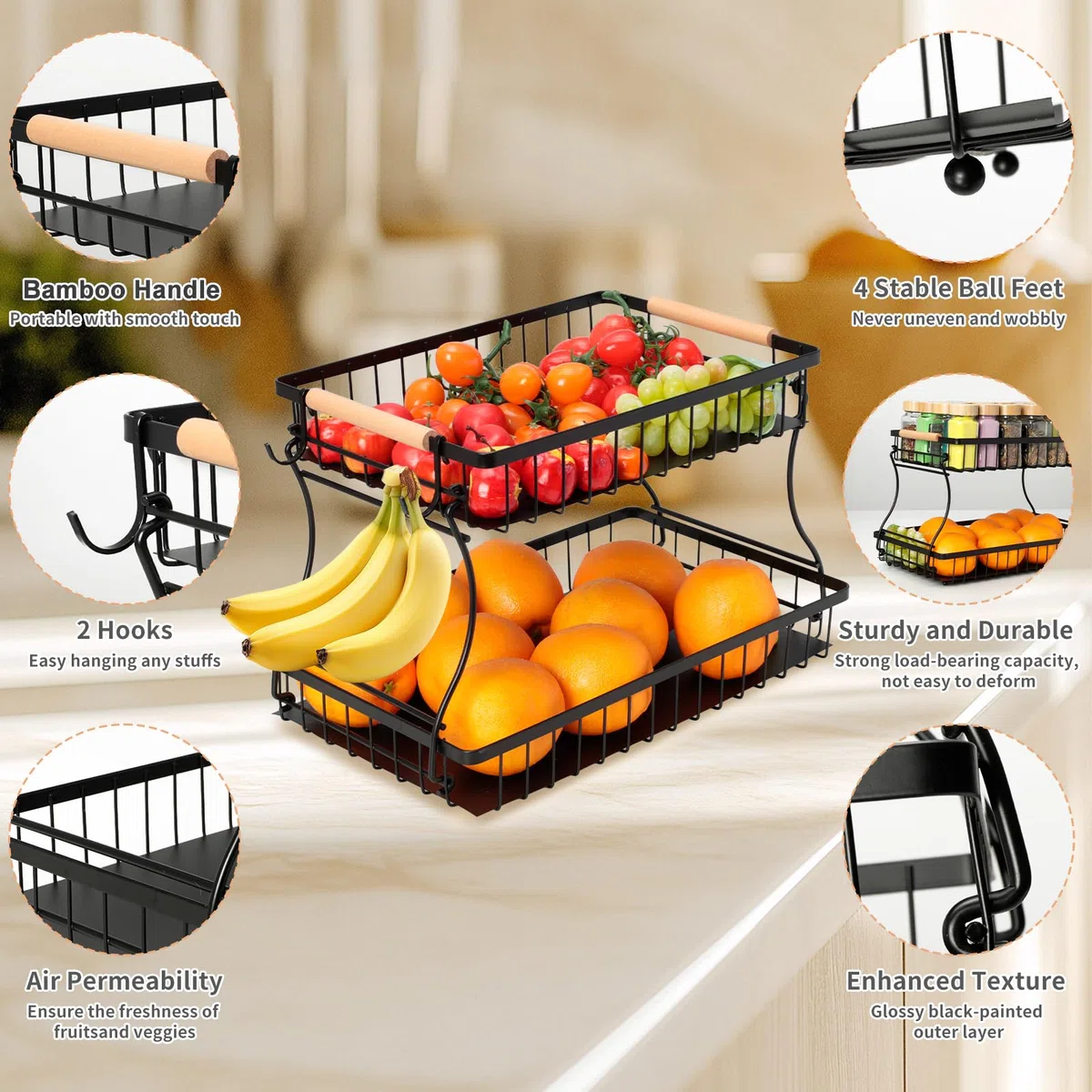 Cozary 2 Stockig Obstkorb Etagere, Obst Etagere mit 2 Ablagebrettern, Fruits Basket Stapelbar, Raumsparend, Gemüse, Snacks zu Hause, Küche, Büro, Etagere Schwarz, 37x24x23cm
