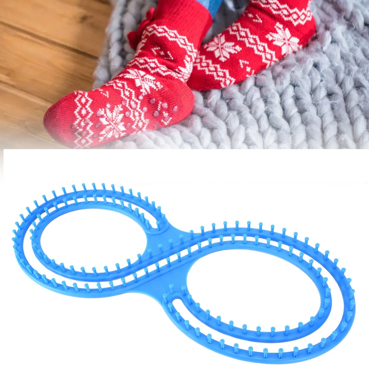 Sluffs Strickwebstuhl, Deckenwebstuhl, 8-förmiges blaues Kunststoff-Webstuhl-Set mit Häkelnahtnadeln für DIY Decken, Socken, Schals, Mützen, Basteln