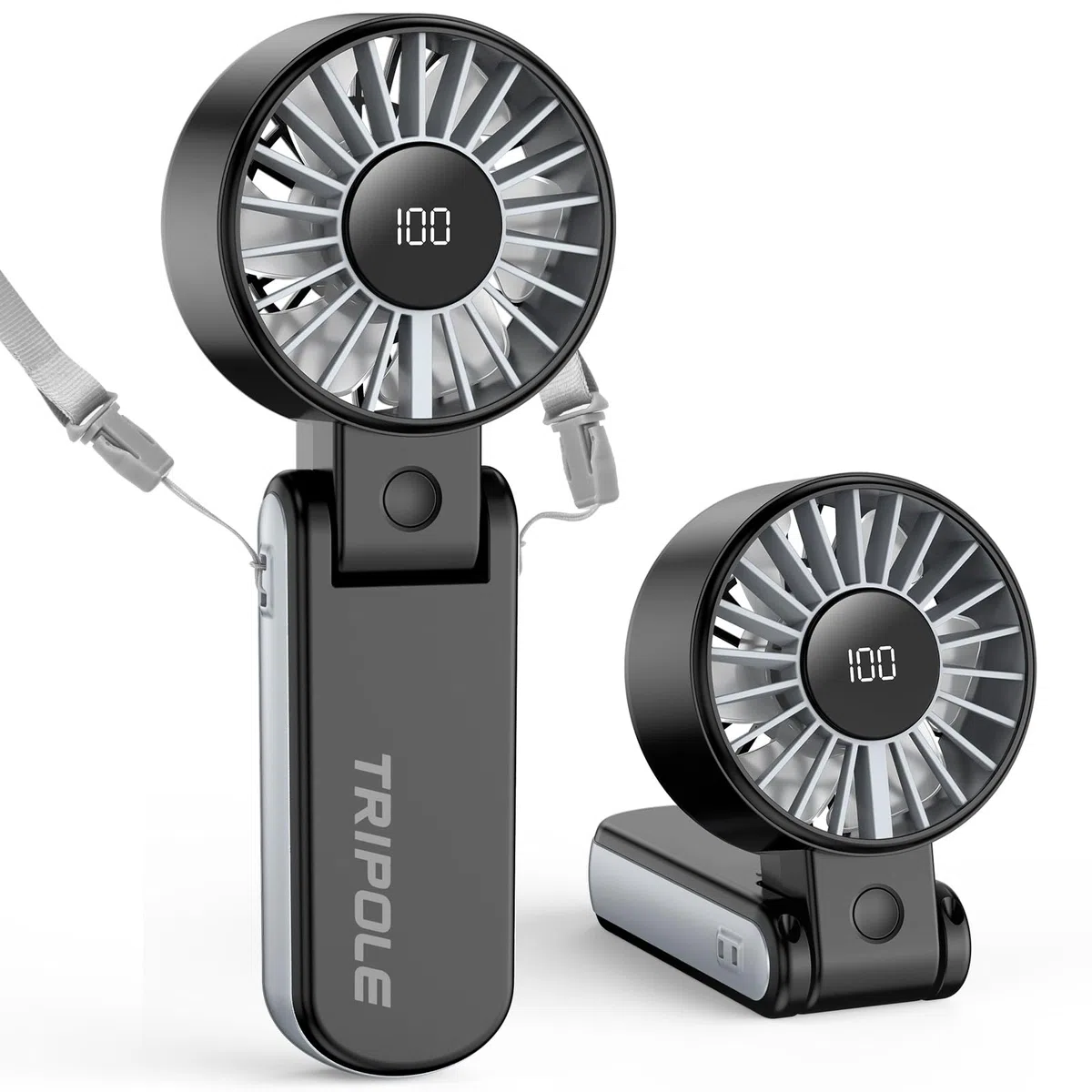TriPole Handventilator, tragbarer USB Ventilator, 5 Geschwindigkeiten, starker Luftstrom, LED-Anzeige, 4000mAh Mini Ventilator klappbar für Reisen, Urlaub, Tisch, Outdoor, Ausflug (Schwarz)