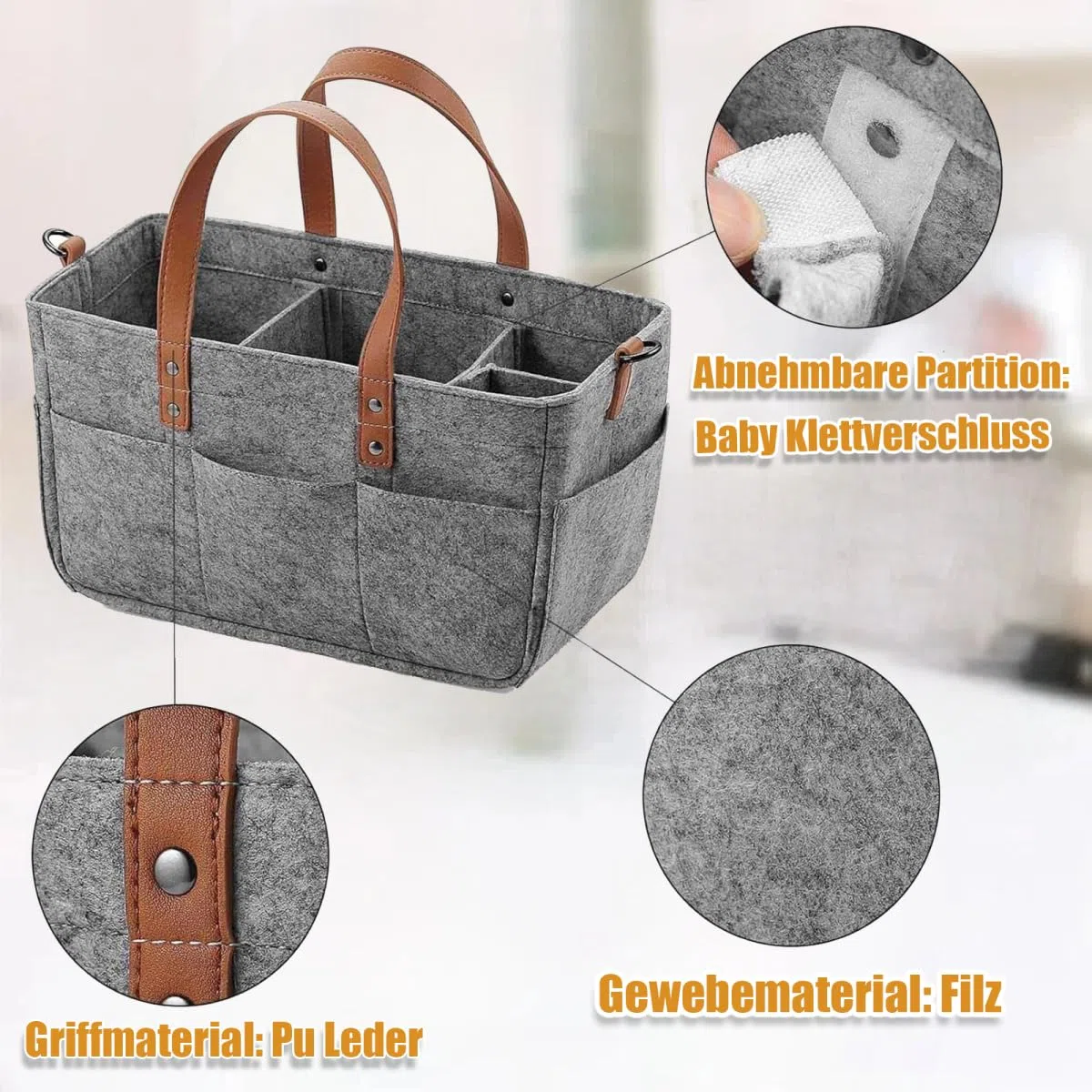 Filztasche mit Fächern, Einkaufstasche Filz 16L, Filztaschen Shopper, Filz Tasche, Einkaufskorb für Outdoor Trips, Picknick, Einkaufen, Dunkelgrau, 38x23x18cm
