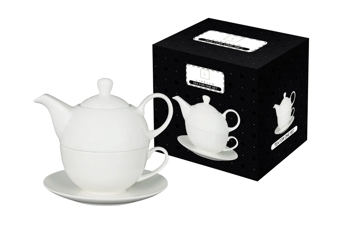 LIVELLO Tea for One Set Porzellan Weiß, Teekanne mit Tasse 3-teilig, Kanne 400 ml, Tasse 250 ml und Untertasse, stapelbares Teeservice, spülmaschinengeeignet, Geschenkidee