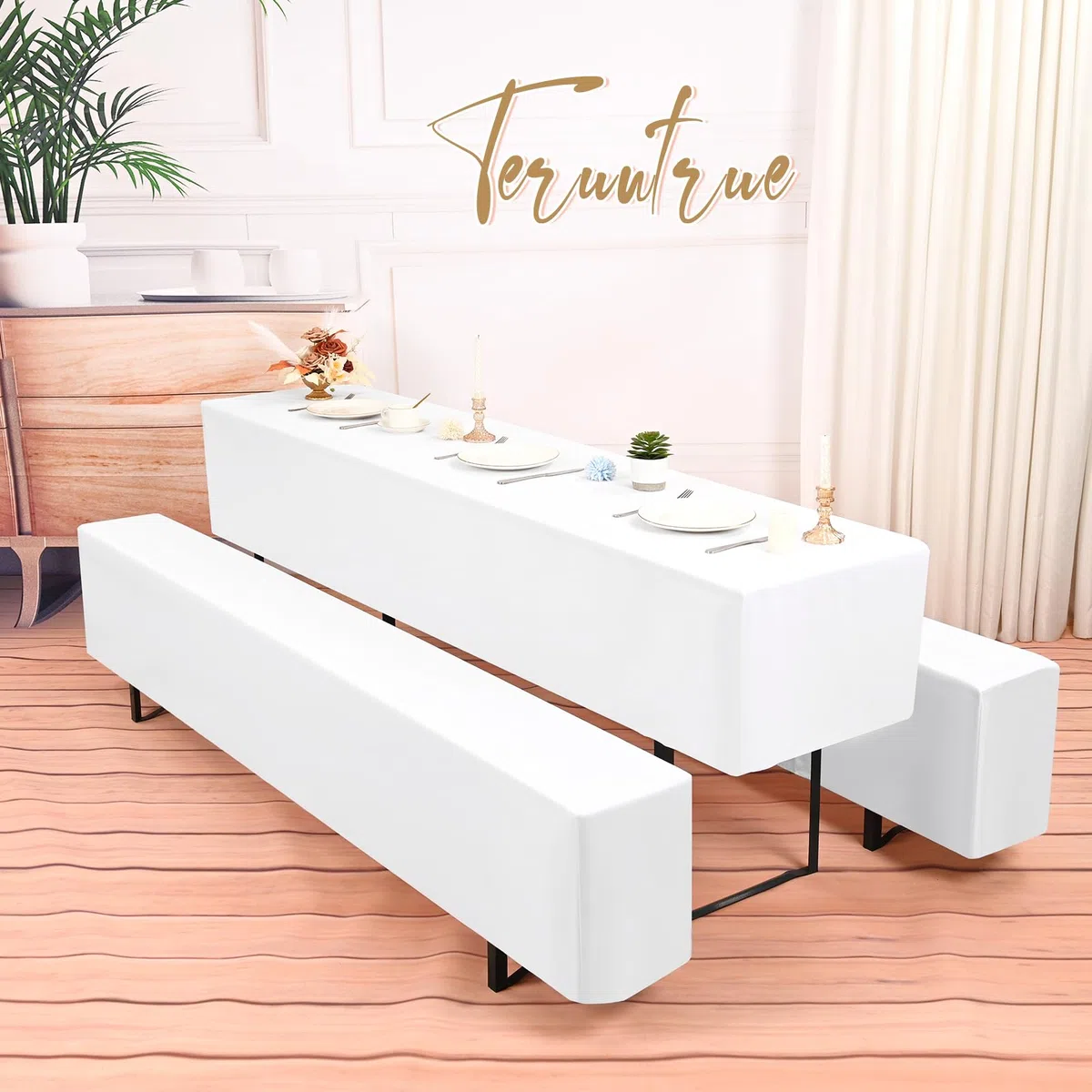 Teruntrue Bierzeltgarnitur Set 3tlg. wasserdichte Hussen für Bierzeltgarnitur 220 x 50cm – 1 Husse Biertisch + 2 Bierbank in Weiß - Biertischhusse Bierbankhusse Biertisch – 220x50cm Weiß