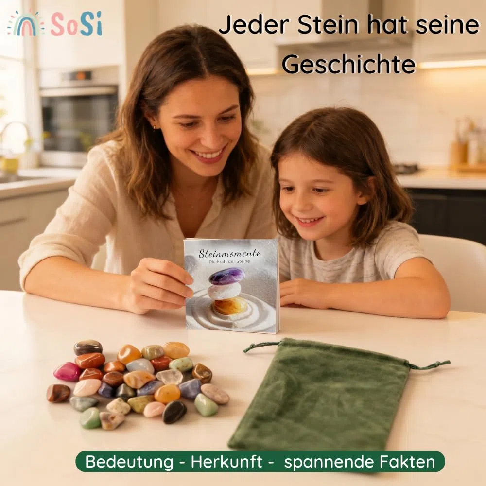 SoSi Edelsteinmix im grünen Samtbeutel, min. 30 echte Trommelsteine 2-3cm, 450g, Glückssteine, Halbedelsteine, Heilsteine, Amethyst, Tigerauge, Rosenquarz inkl. Buch „Steinmomente