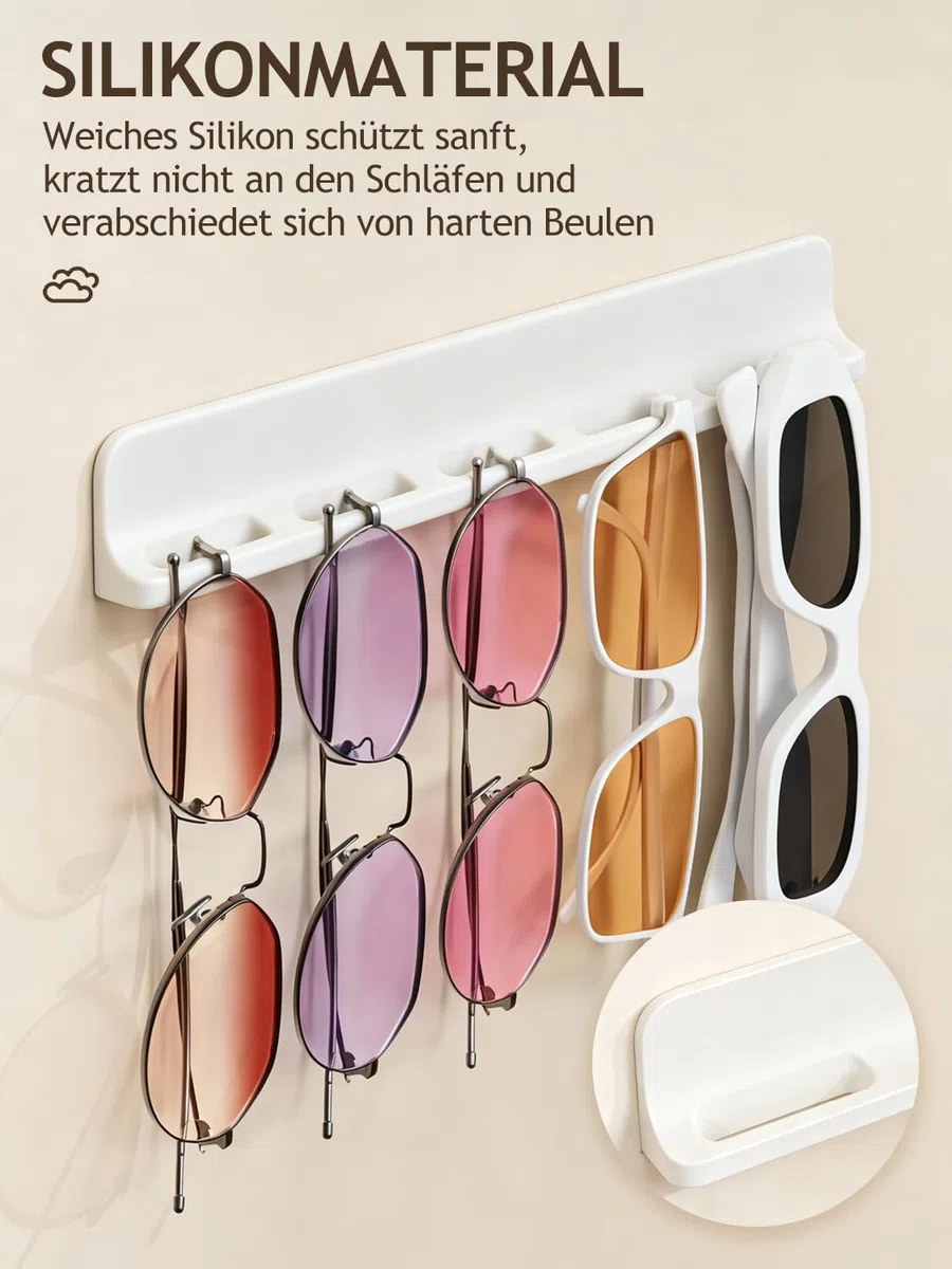2 Stück Brillenhalter Wand, Brillenablage Wand, Brillenständer | 5 Loch Sonnenbrillen Organizer, Silikon Passform, für Brillenaufbewahrung, 30×1,8×3,5cm, Weiß