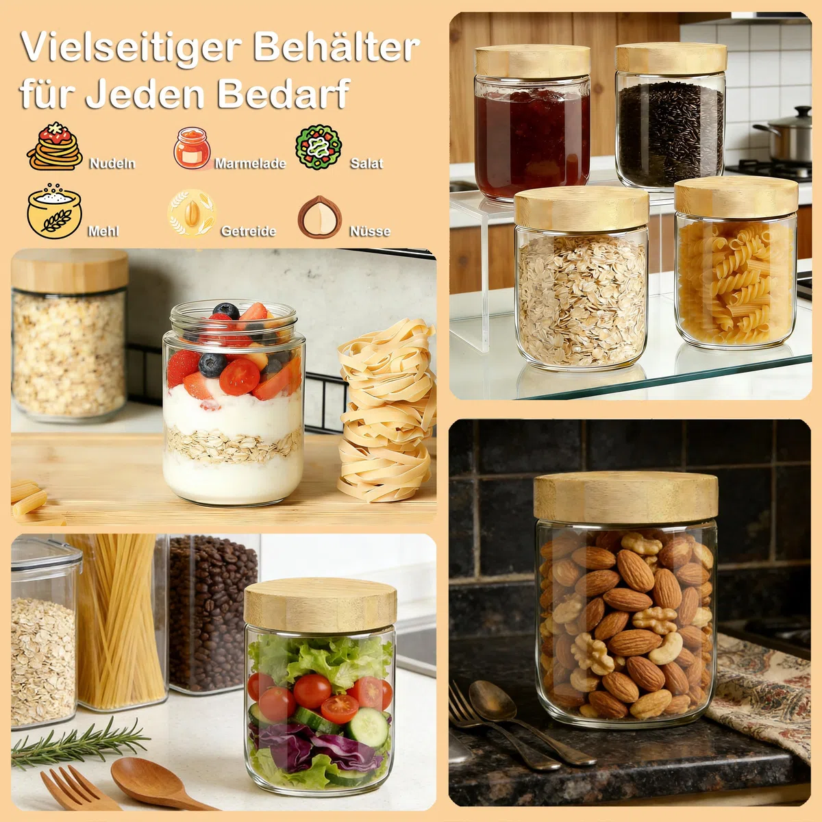 twoant 6 Stück Overnight Oats Gläser,500ml Einmachgläser mit Bamboo Deckel Schraubdeckelfür Hausgemachte Marmelade,Joghurt,Pudding,Einlegen.Etiketten & Stift