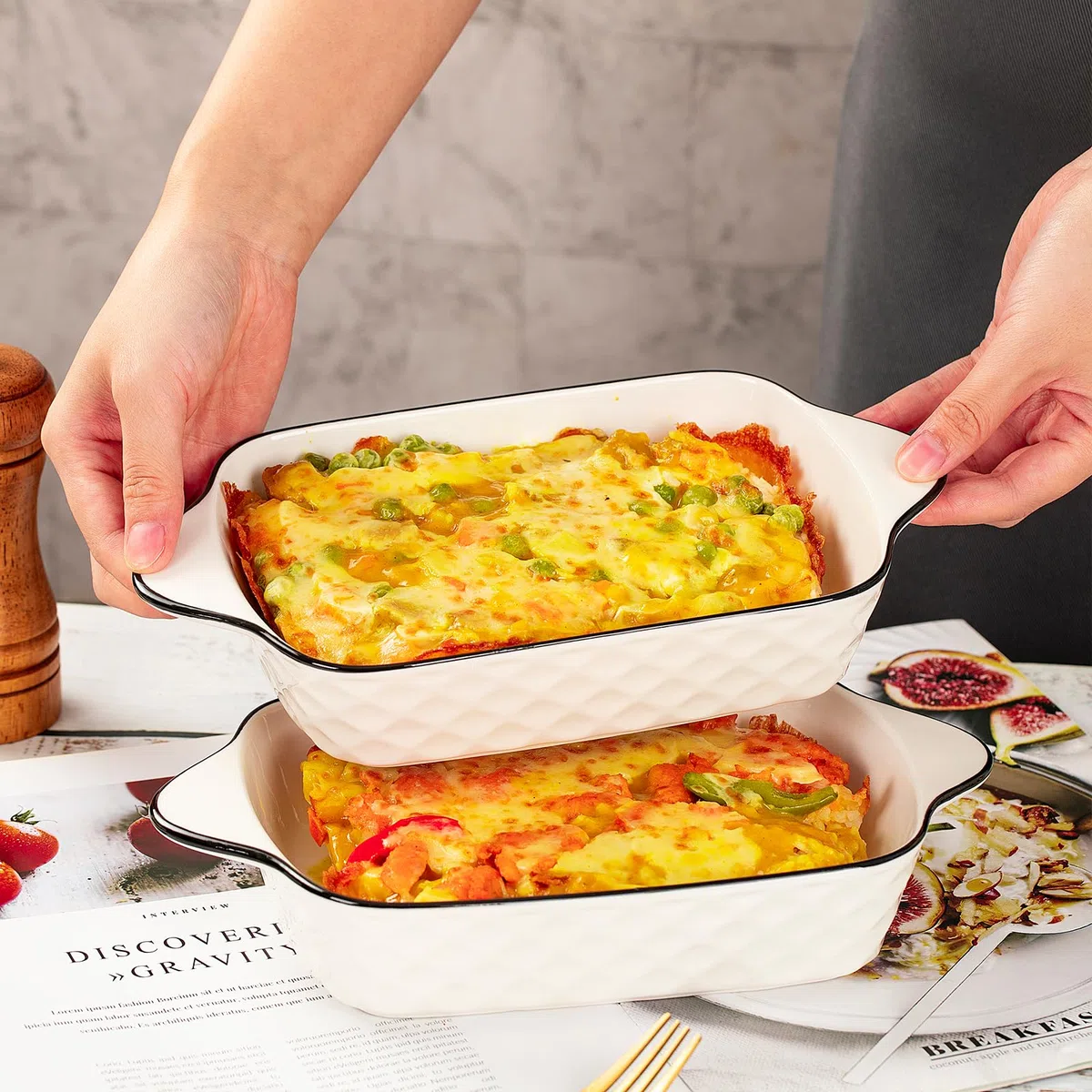 Auflaufform Kleine 2er Set,26cm Lasagneform, Rechteckige Keramik Backformen mit Griffen, Keramik-Backform, Ofenform für je 1 Portion,Servierschalle für Suppen, Obst