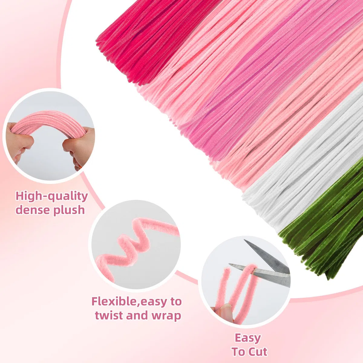 600 Stück Pfeifenreiniger Blumen Set | Pfeifenputzer zum Basteln in 6 Farben mit 30 Blumendraht & Geschenkband für Kreative DIY Blumensträuße (Rosa)