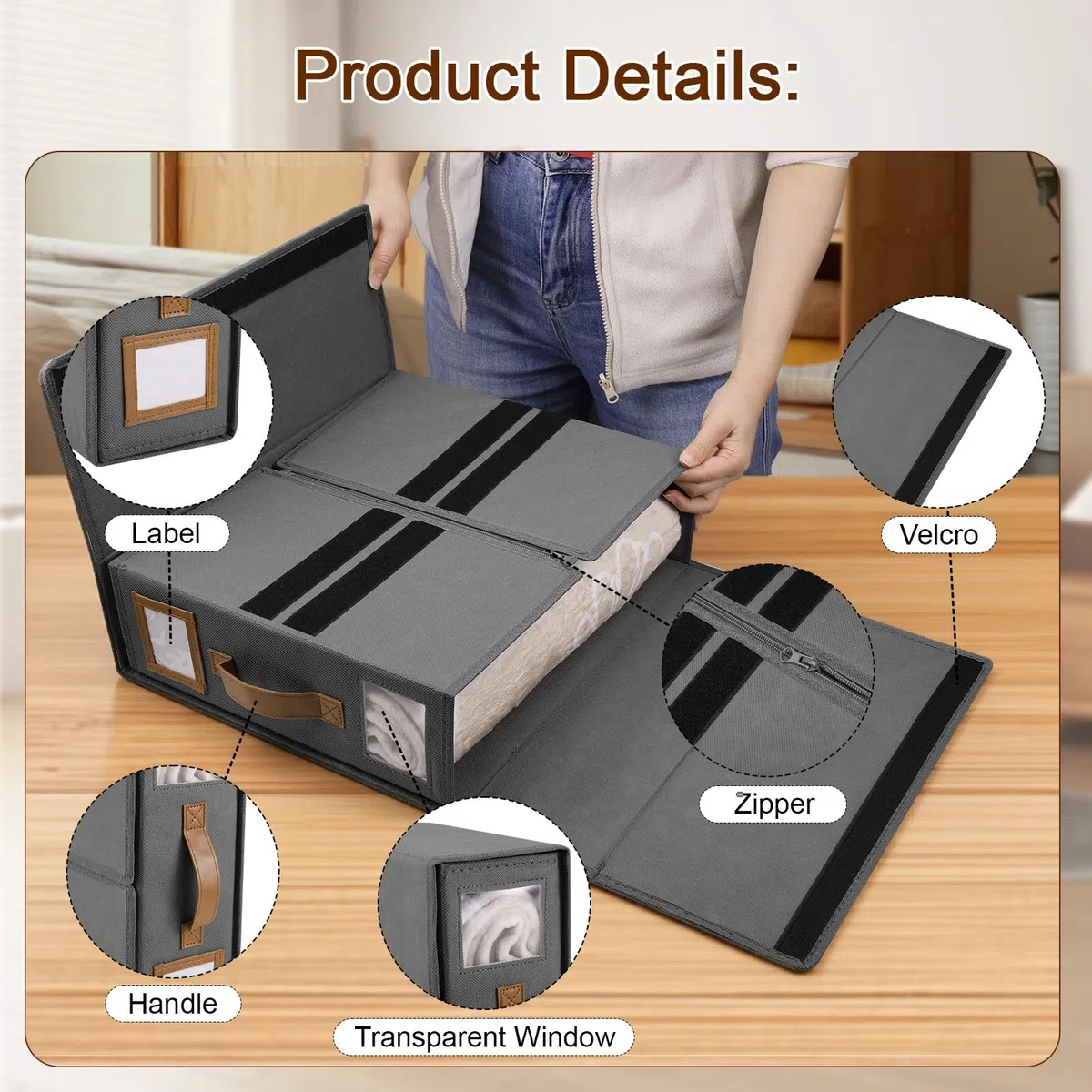 Zocipro 3 Stück Bettwäsche Aufbewahrung Organizer, 38 x 32 x 11,5 cm Faltbare Bettlaken Organizer mit Griff und Fenster, Bettwäsche organizer Box für Laken,Bettbezüge,Decken und Handtücher,Grau