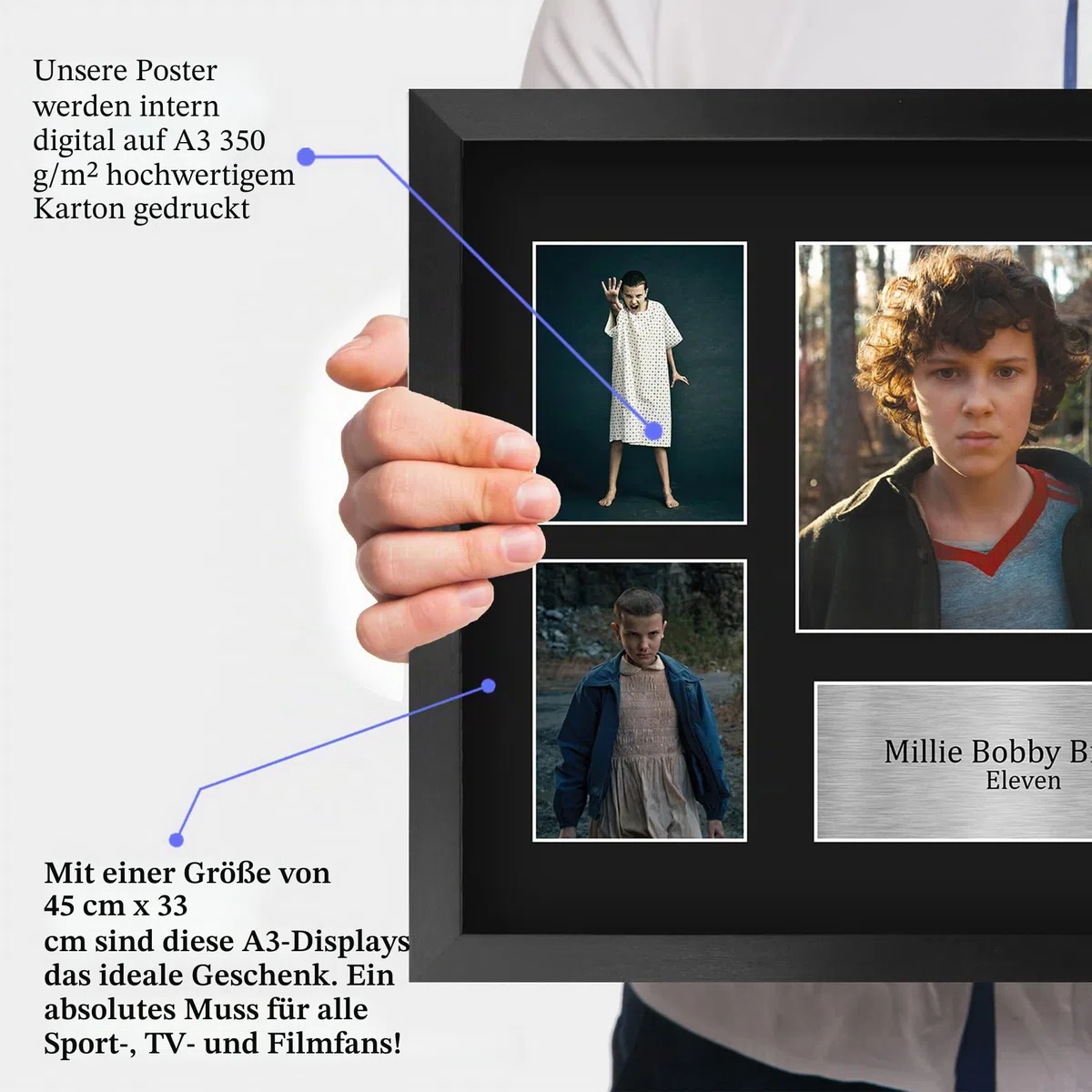 HWC Trading Millie Bobby Brown Strange Hawkins Thing Eleven Geschenke Geducktes Signiertes Autogramm Fotodisplay Montagedisplay für Fans von Fernsehshows - A3 Gerahmt