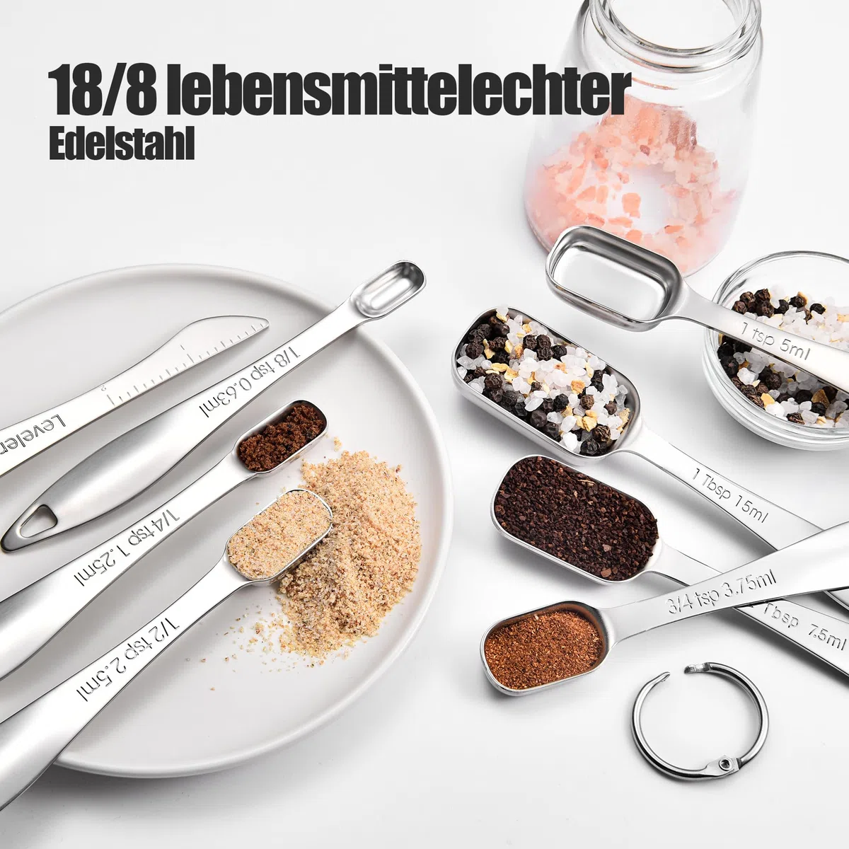 Doosu Messlöffel aus 18/8 Edelstahl, Metall Gewürzlöffel Esslöffel Dosierlöffel Präzisions Küchenwerkzeug zum Messen für Proteinpulver, Kaffee und Backen, Spülmaschinenfest (Schmaler, 8er-Set)